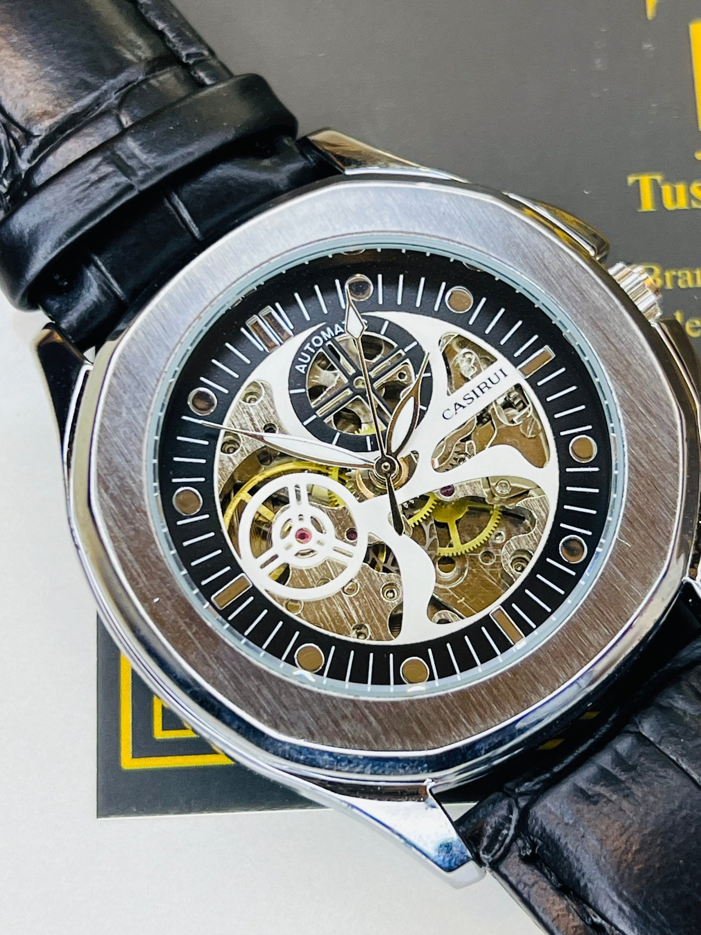 Casirui Black Silver Automatic Skeleton Leather watch
