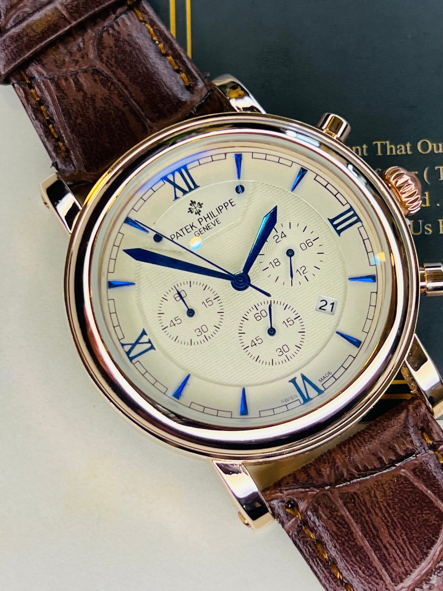 Brown Copper Round White Chronograph Dial PP Watch