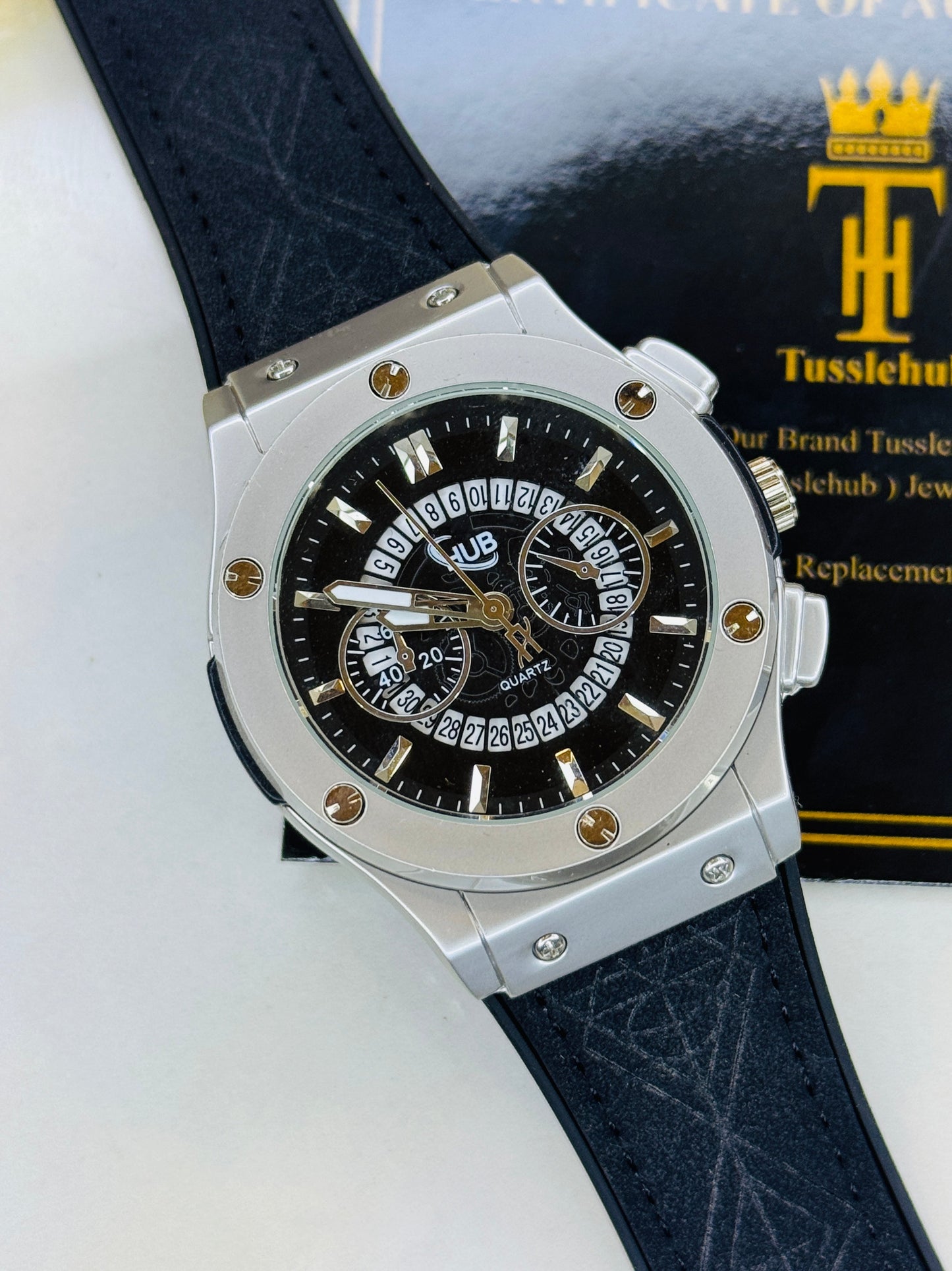 Black Silver Black Hologram Hublot Leather Strap Watch