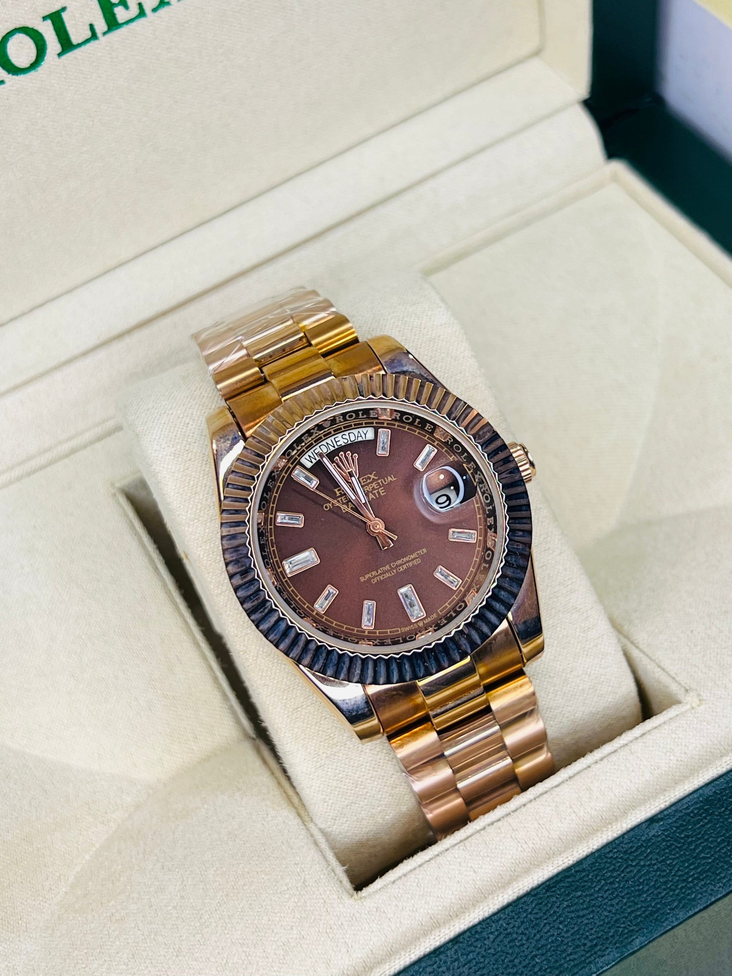 Rose Gold Chocolate Gems Automatic Day Date Super Clone Watch