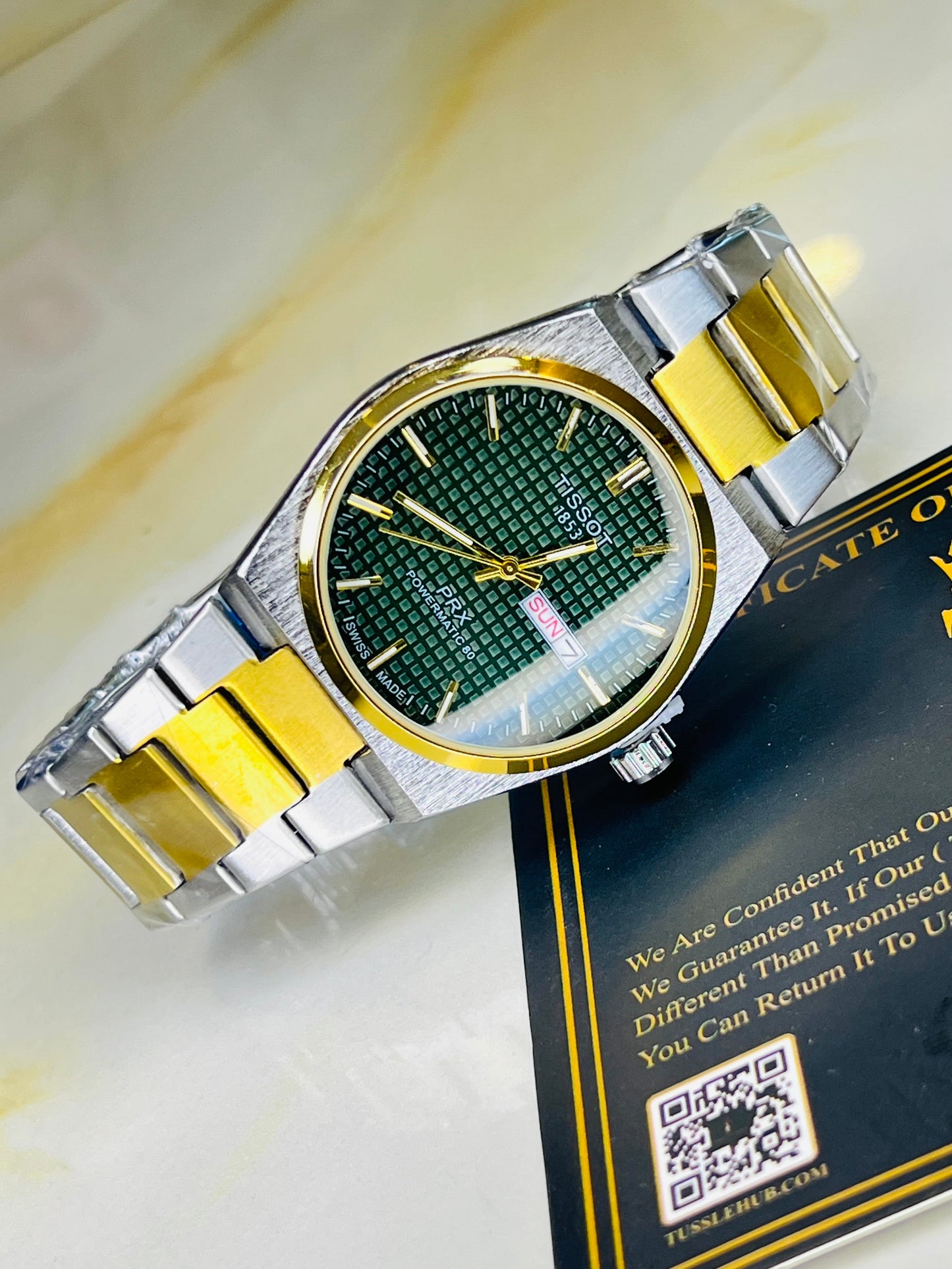 Tissot PRX Silver Gold With Green Textured Dial Watch
