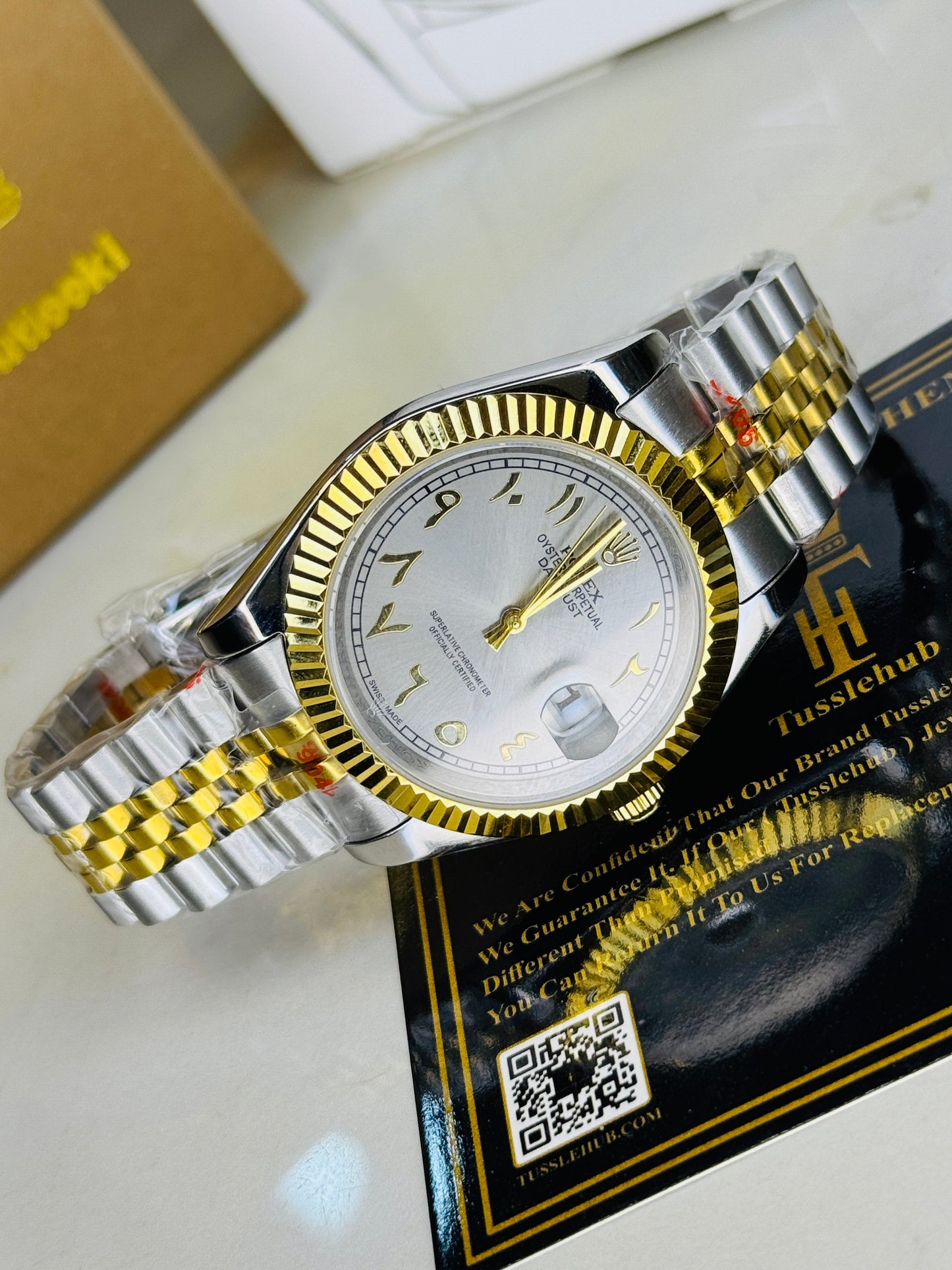 Jubilee Date Just Two Tone Arabic Fluted Grey Dial Quartz Watch