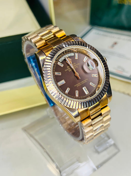 Rose Gold Chocolate Gems Automatic Day Date Super Clone Watch