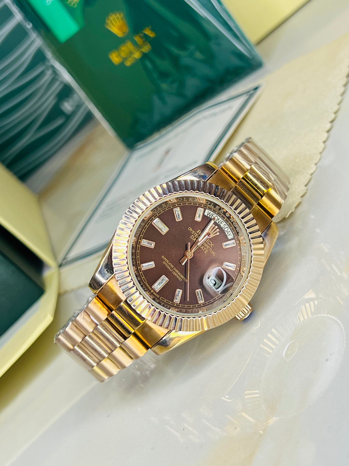 Rose Gold Chocolate Gems Automatic Day Date Super Clone Watch