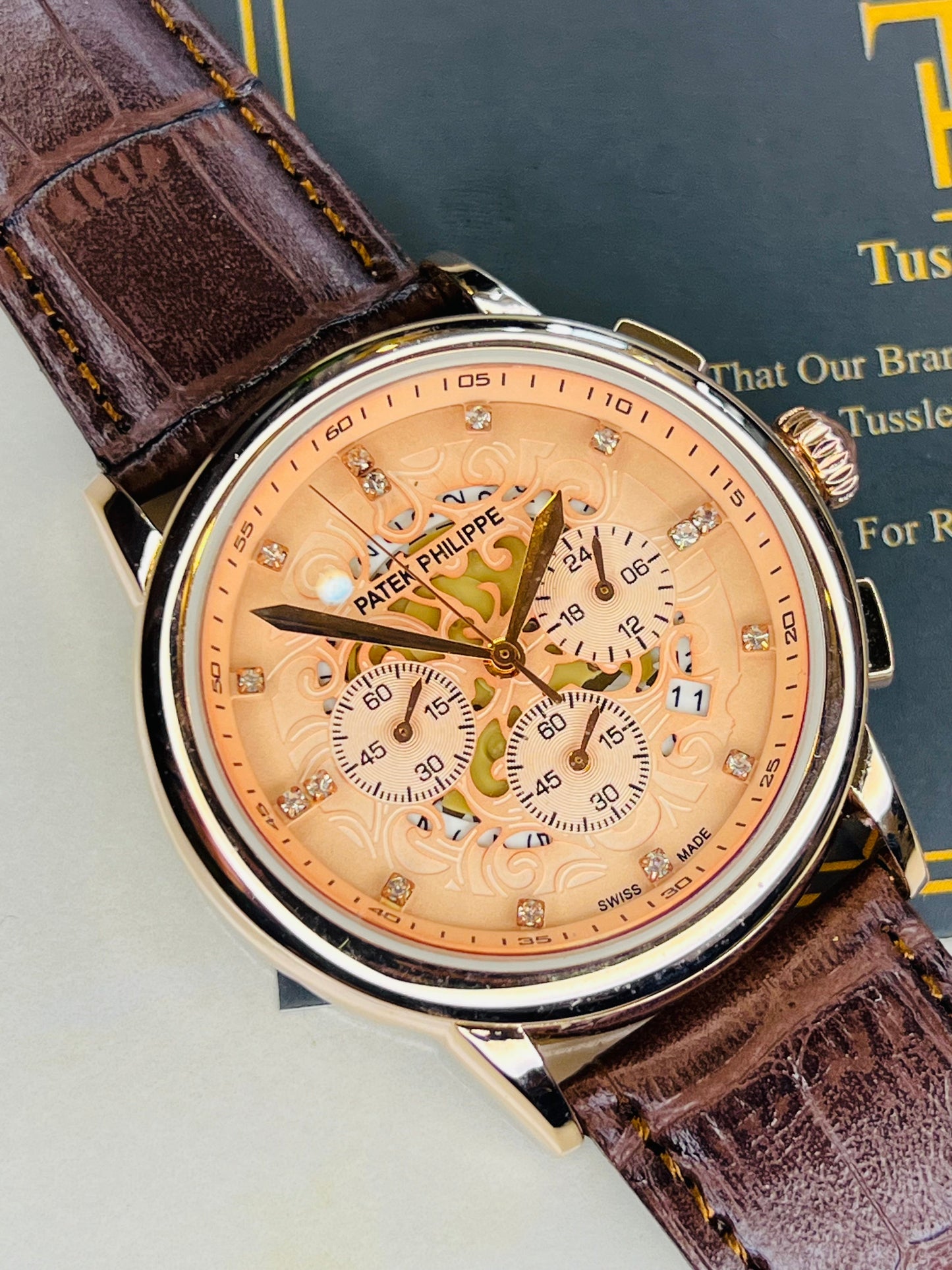 Brown Copper Round Rose Gold Skeleton Chronograph Dial PP Watch