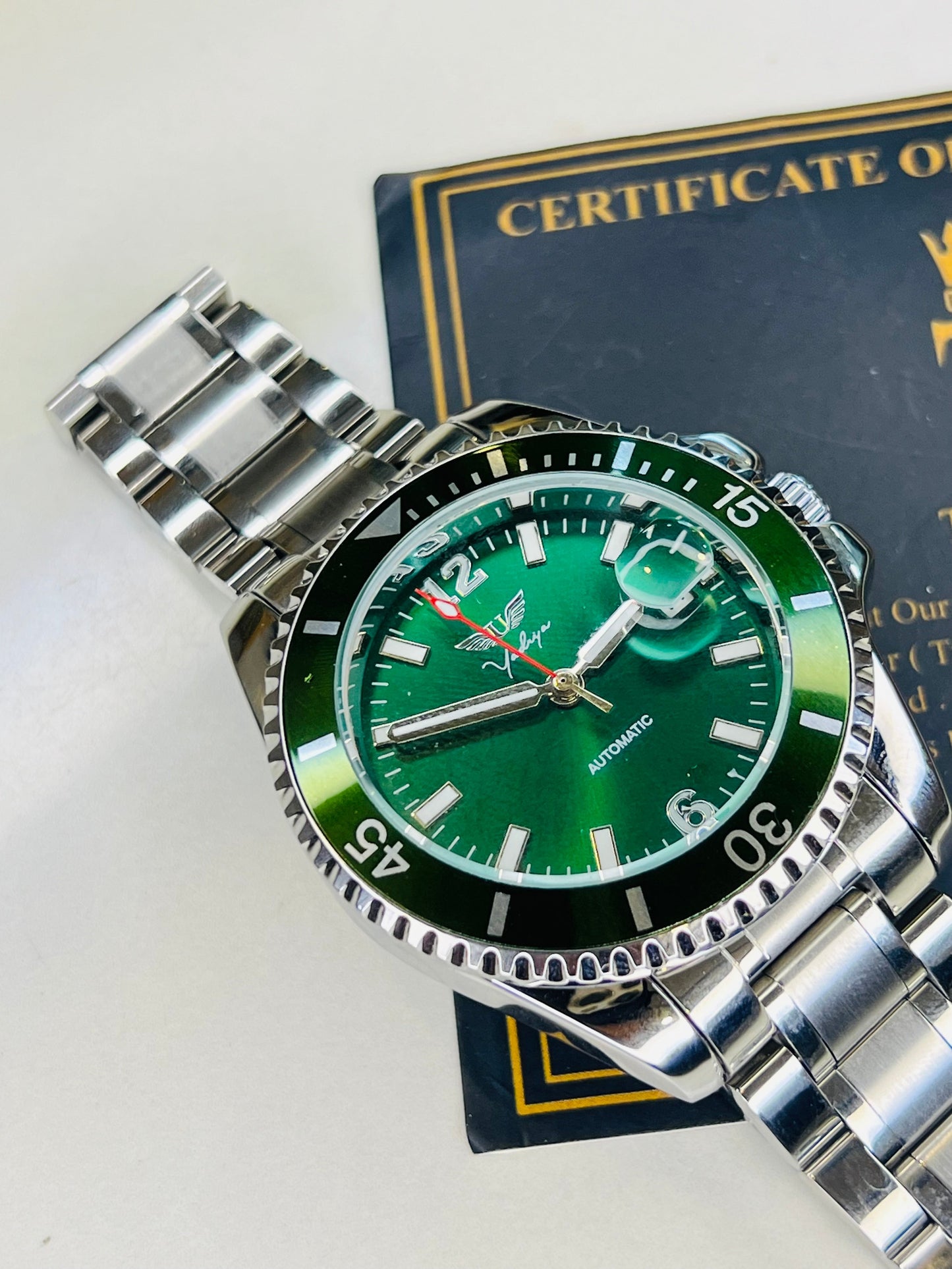 Silver Emerald Auto Movement Chronograph Watch