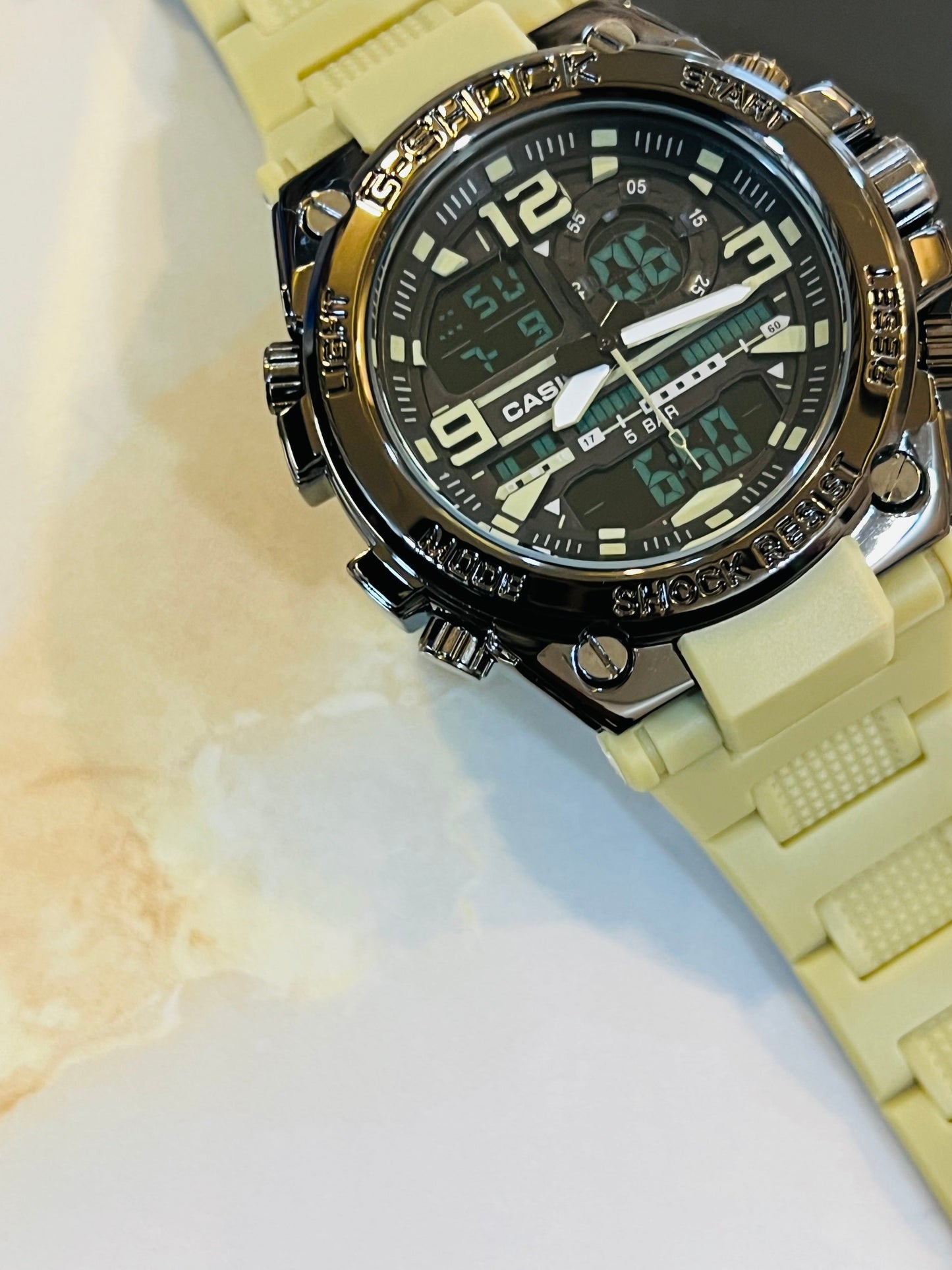 Beige Strap Digital Metal Body Sports Watch