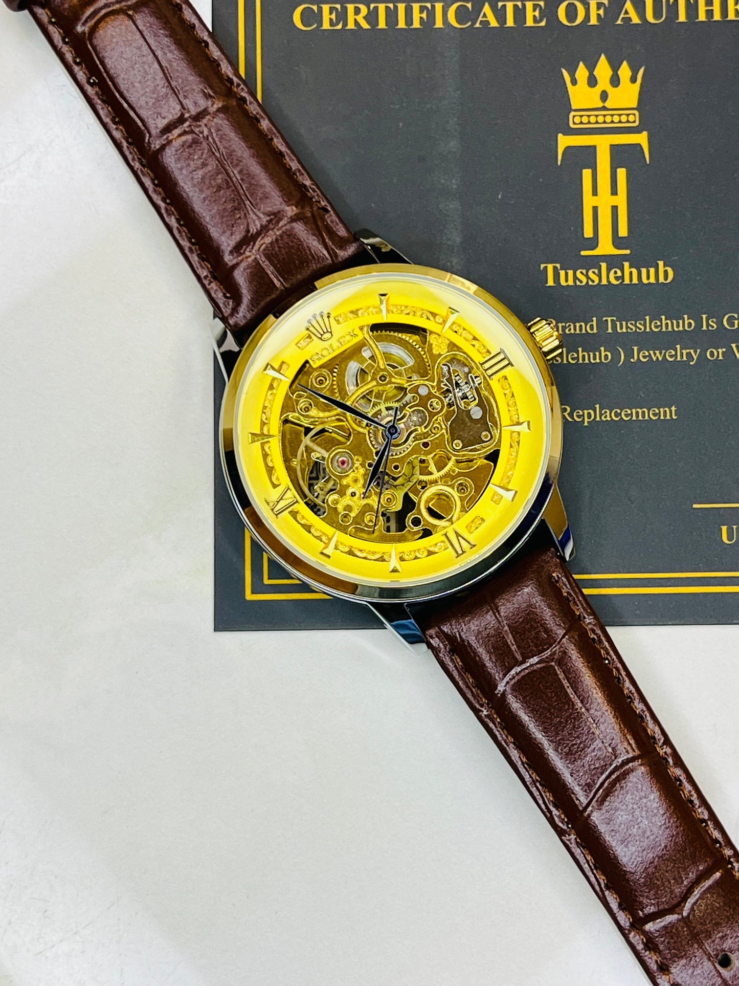 Leather Rol*x Brown Gold Automatic Skeleton Watch