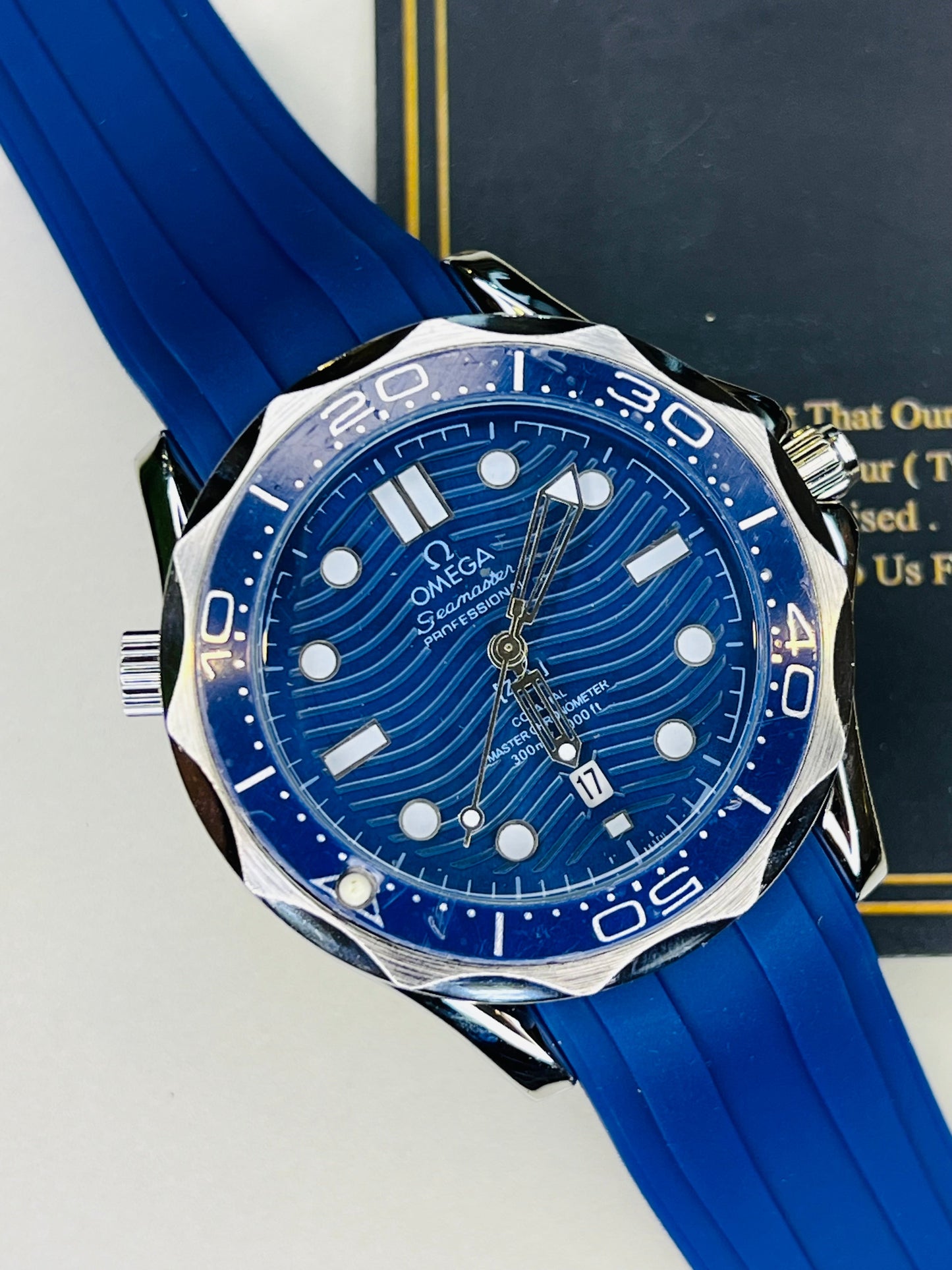 Omega Silicon Strap Black Blue Silver Watch
