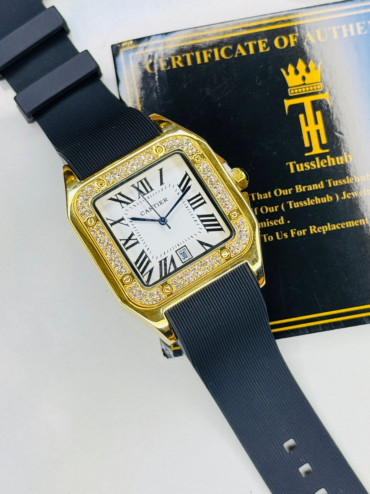 Gold White Iced Tank Silicon Cartier Watch