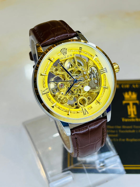Leather Rol*x Brown Gold Automatic Skeleton Watch