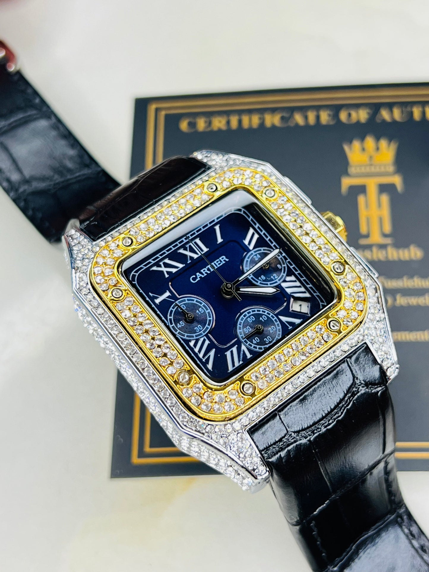 Premium Zircon Dial Black Navy Square Chronograph Watch