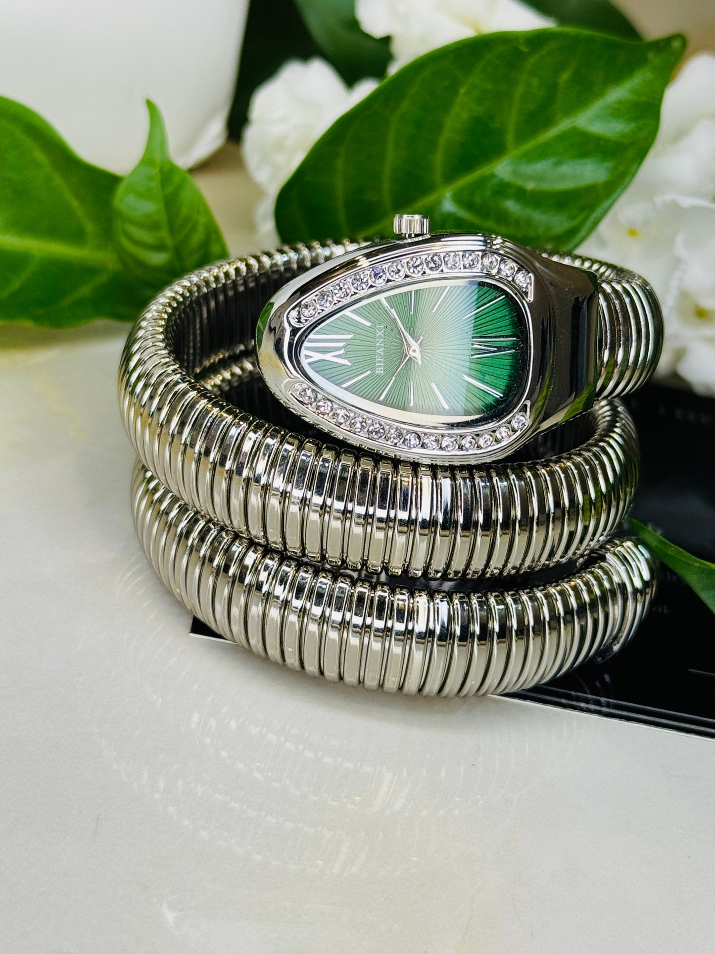 Silver Emerald Serpentine Watch For Her