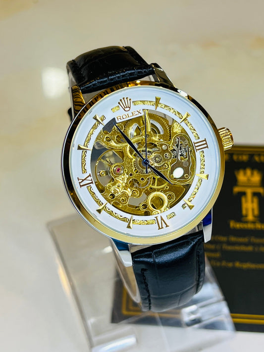 Leather Rol*x Black White Automatic Skeleton Watch