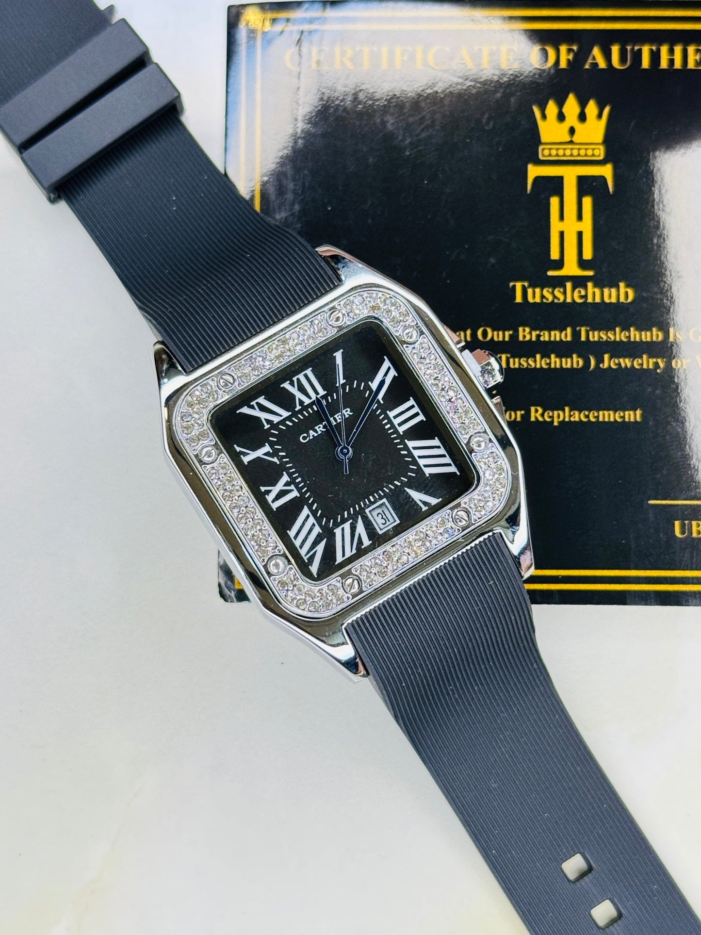 Silver Black Iced Tank Silicon Cartier Watch