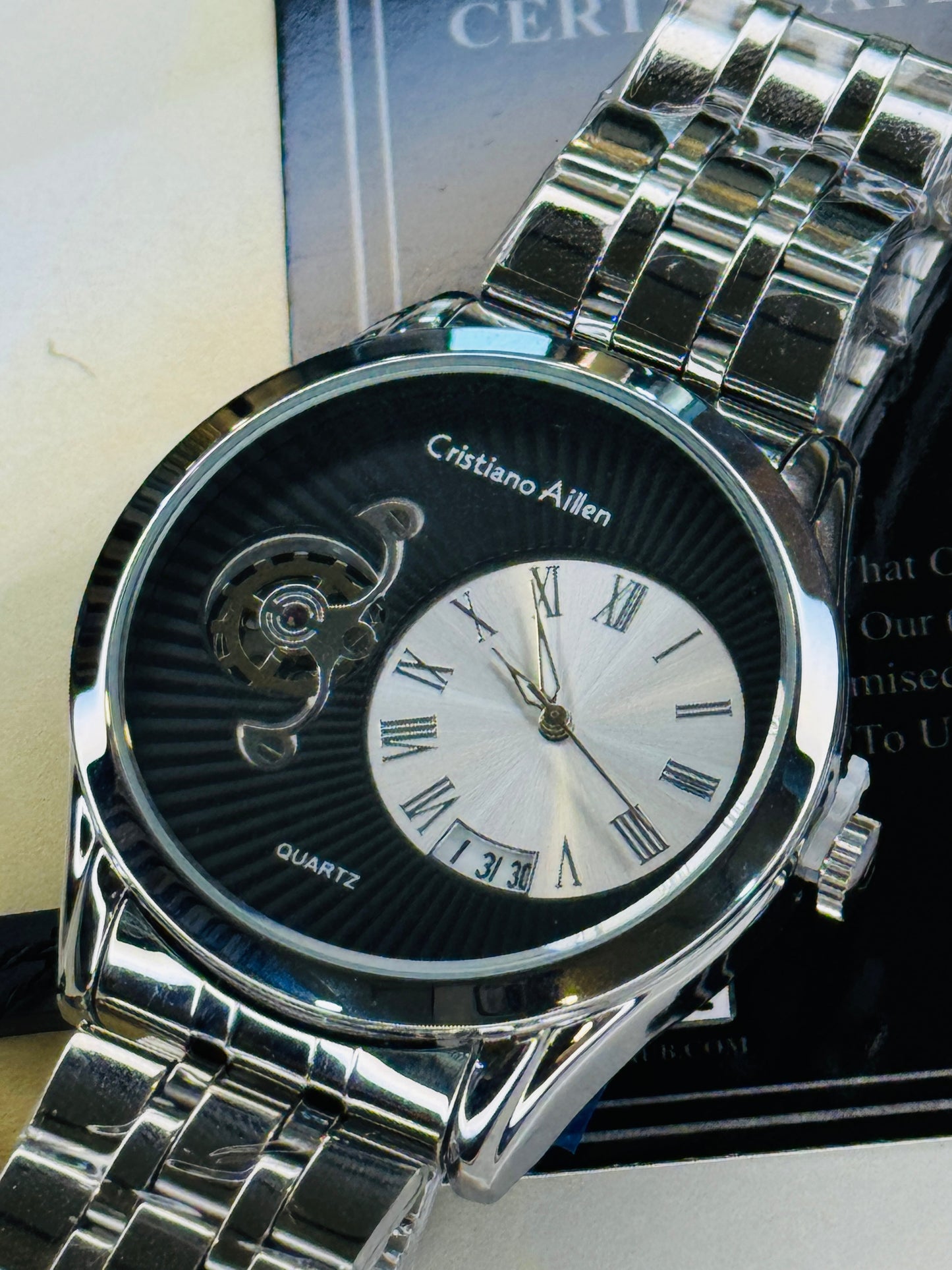 Silver Cristiano Aillen Black Spiral Gear Dial Watch