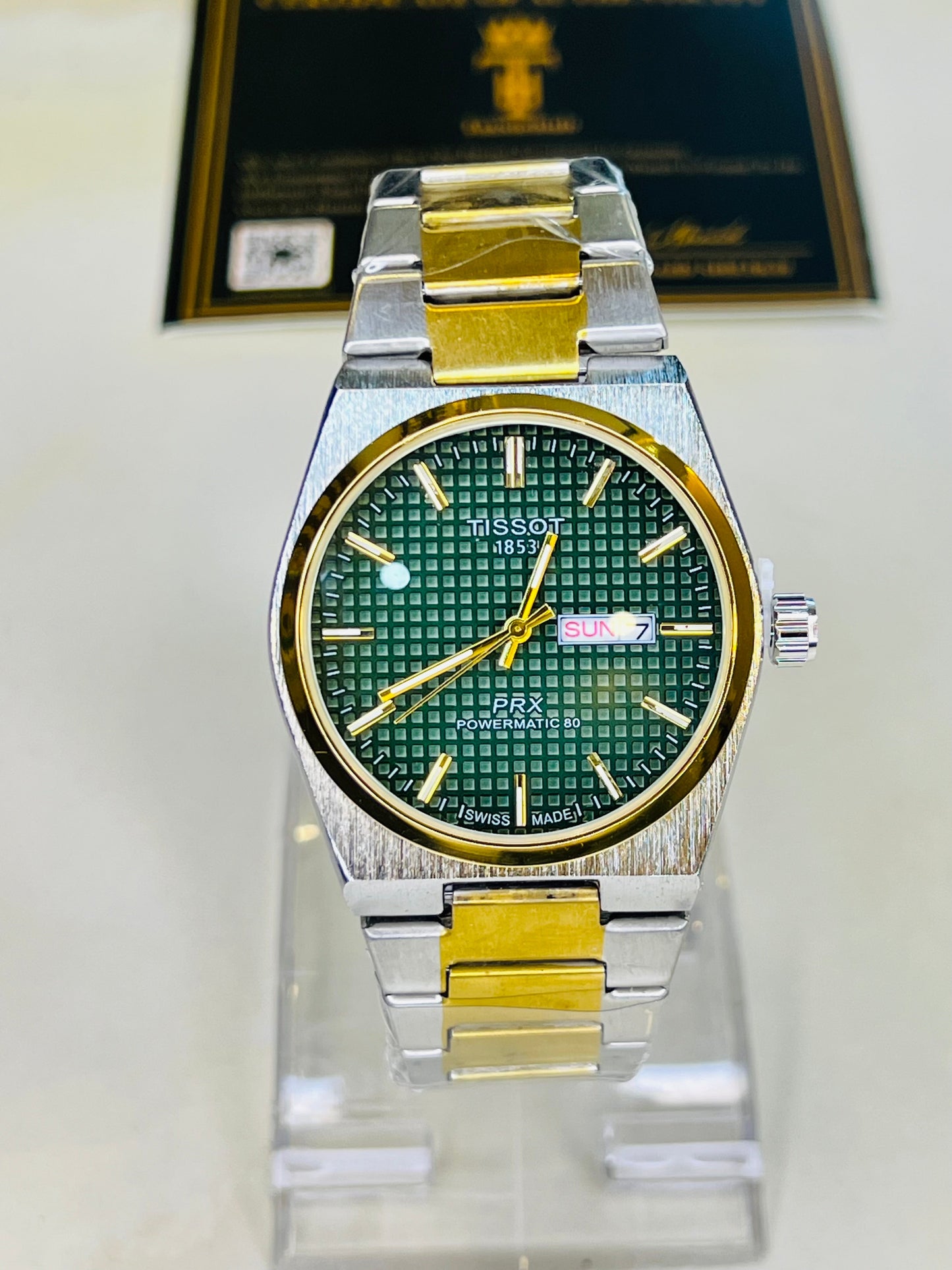 Tissot PRX Silver Gold With Green Textured Dial Watch