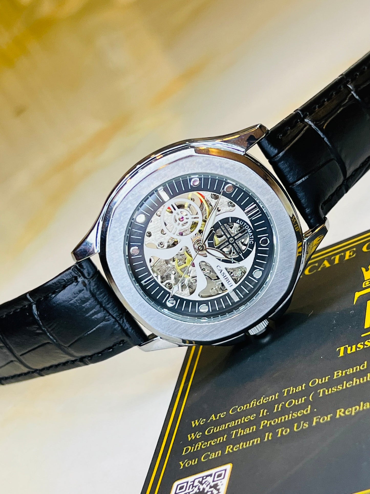 Casirui Black Silver Automatic Skeleton Leather watch