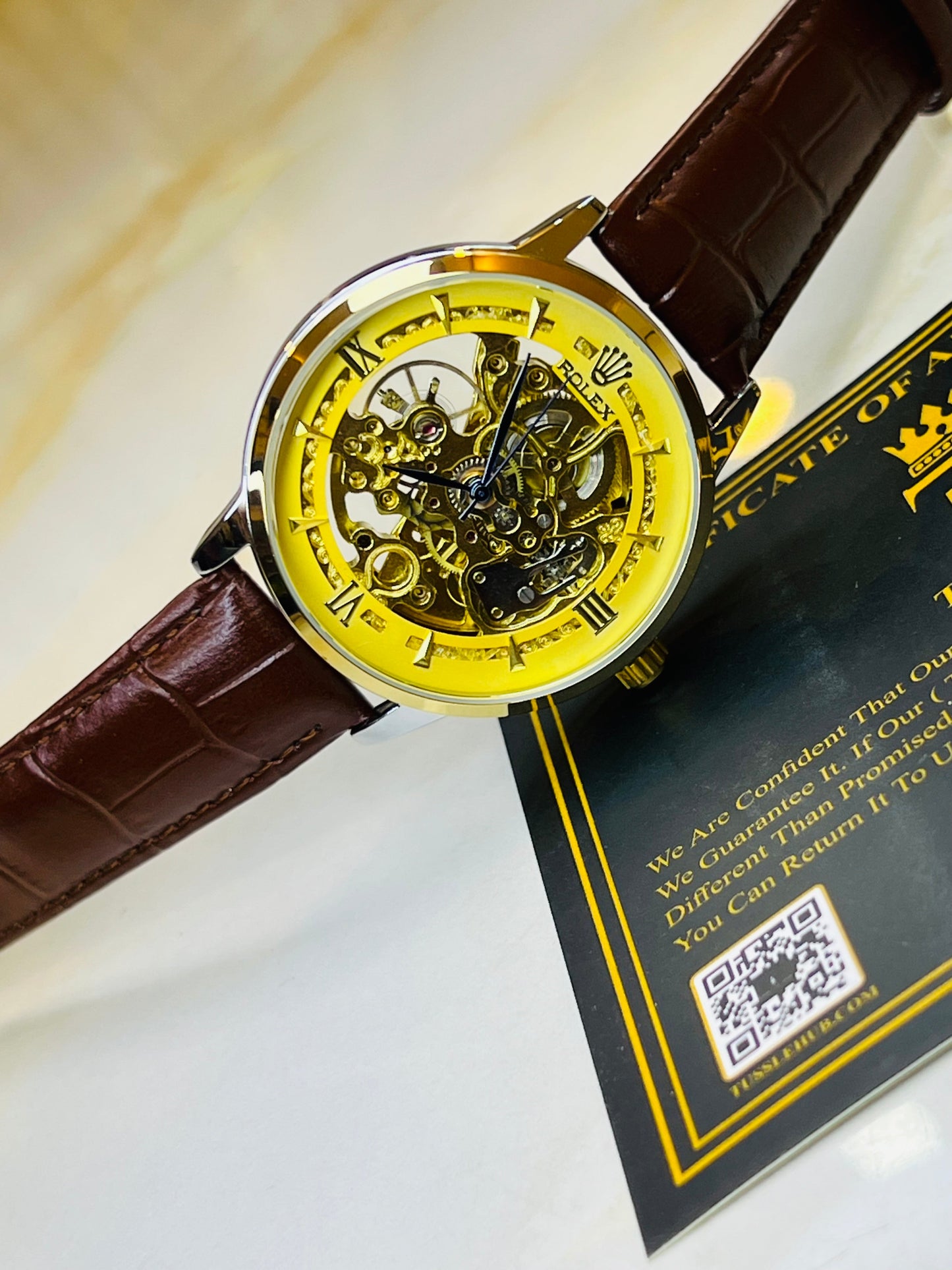 Leather Rol*x Brown Gold Automatic Skeleton Watch