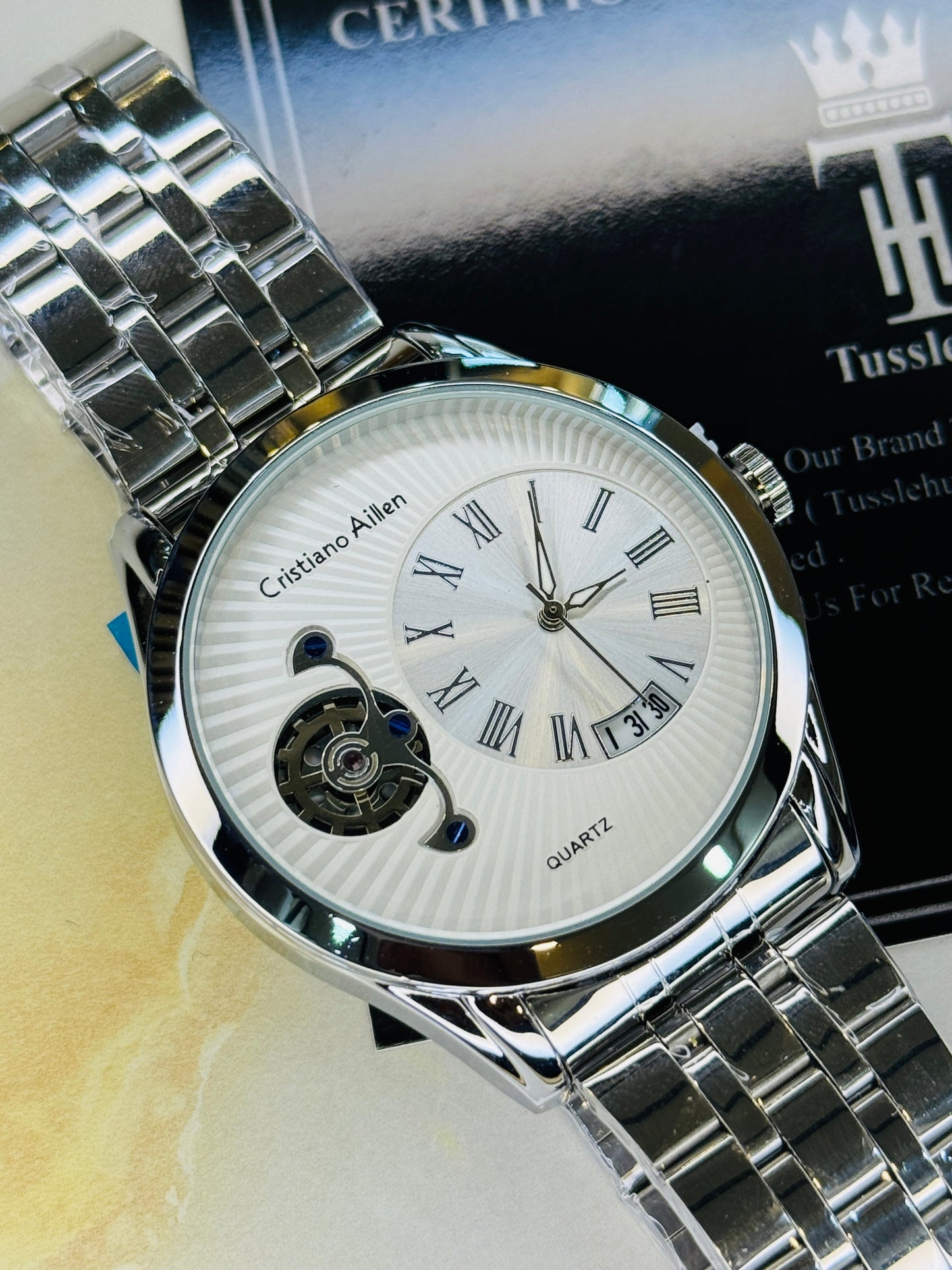Silver Cristiano Aillen White Spiral Gear Dial Watch