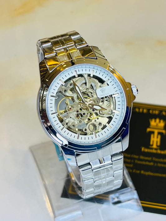 R-2 Silver White Chain Strap Skeleton Automatic Watch