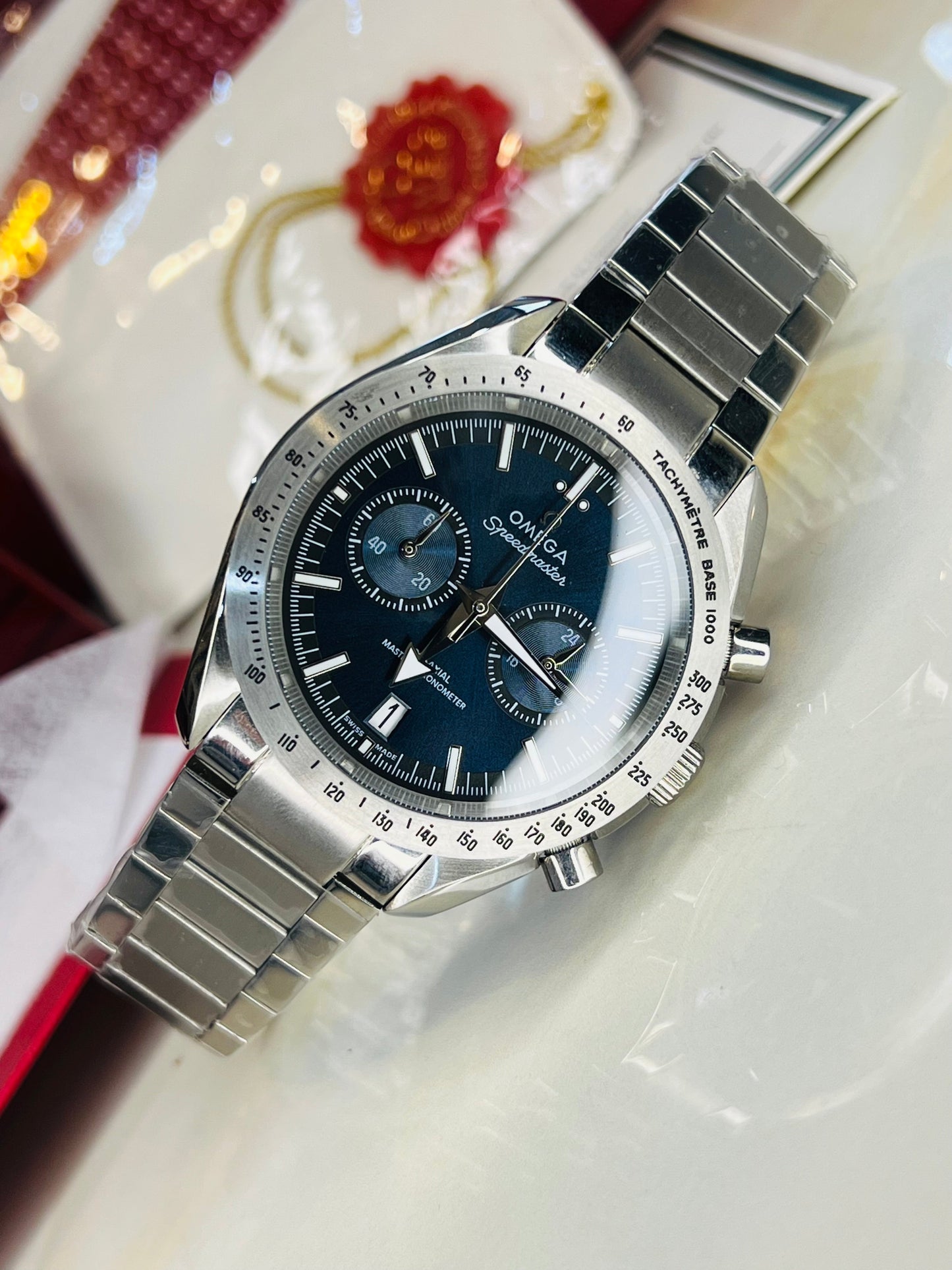 Speedmaster Aqua Dial Silver Automatic Master Clone Watch