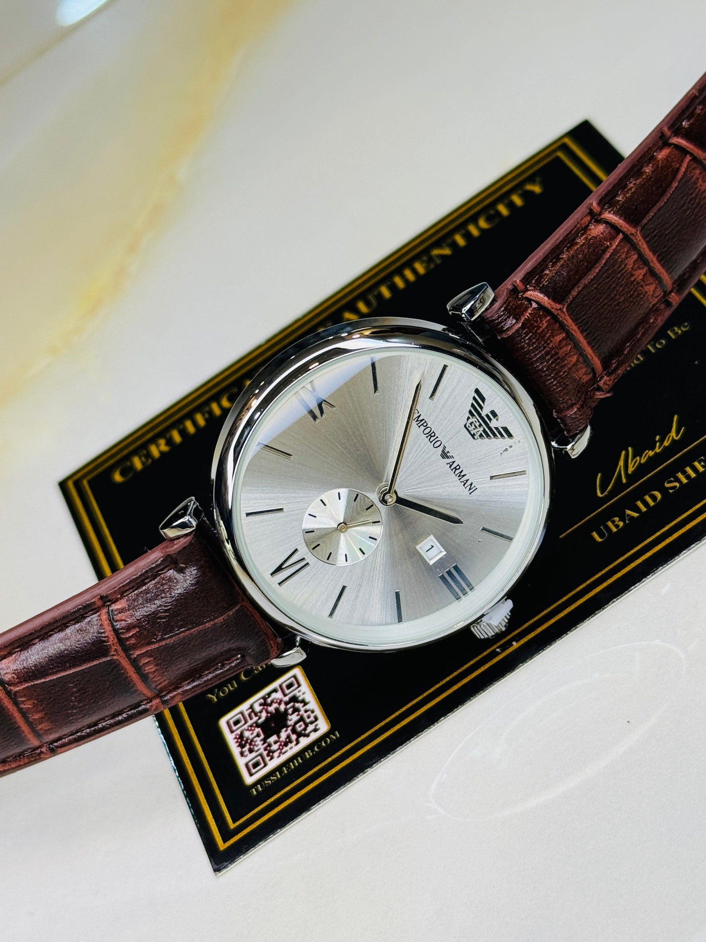 Brown Silver Emporio Down Second Watch
