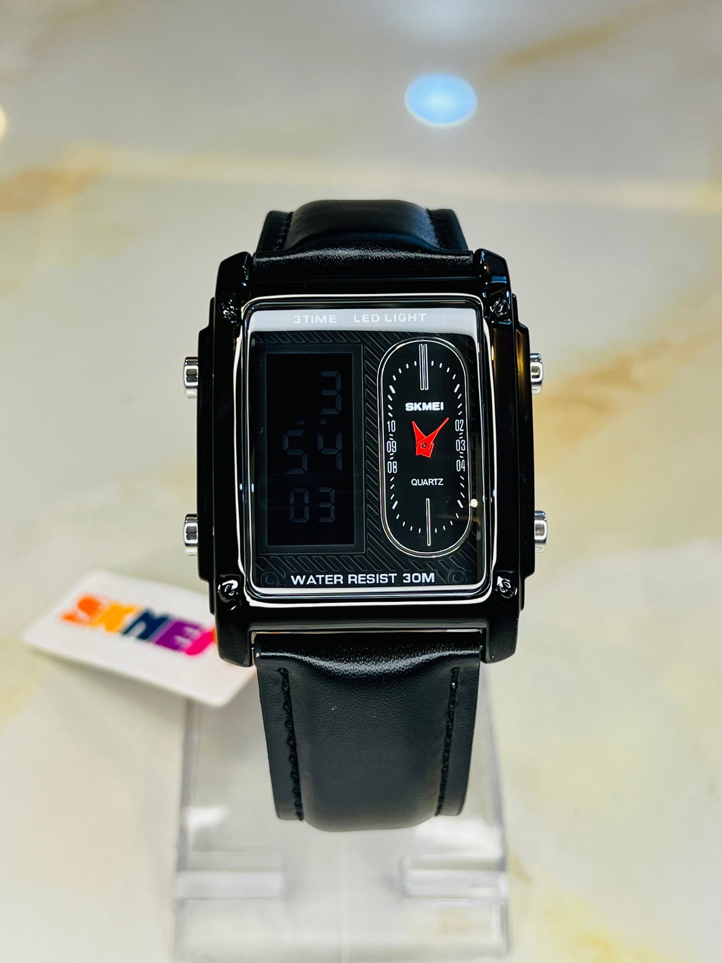 Leather Strapped Skmei 3 Time Black Watch