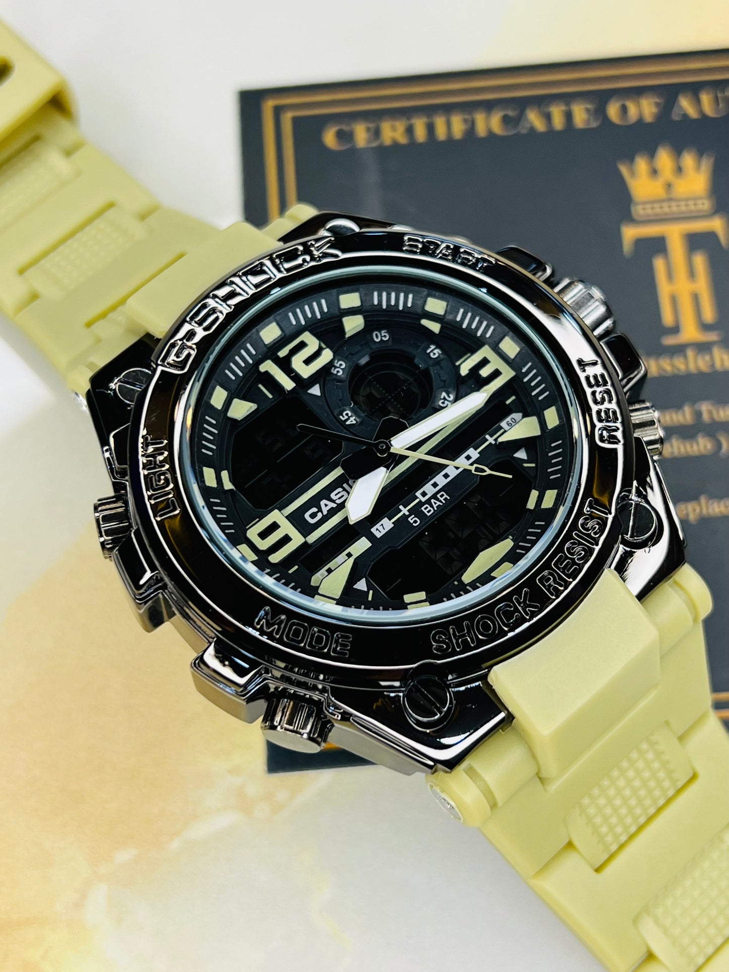 Beige Strap Digital Metal Body Sports Watch
