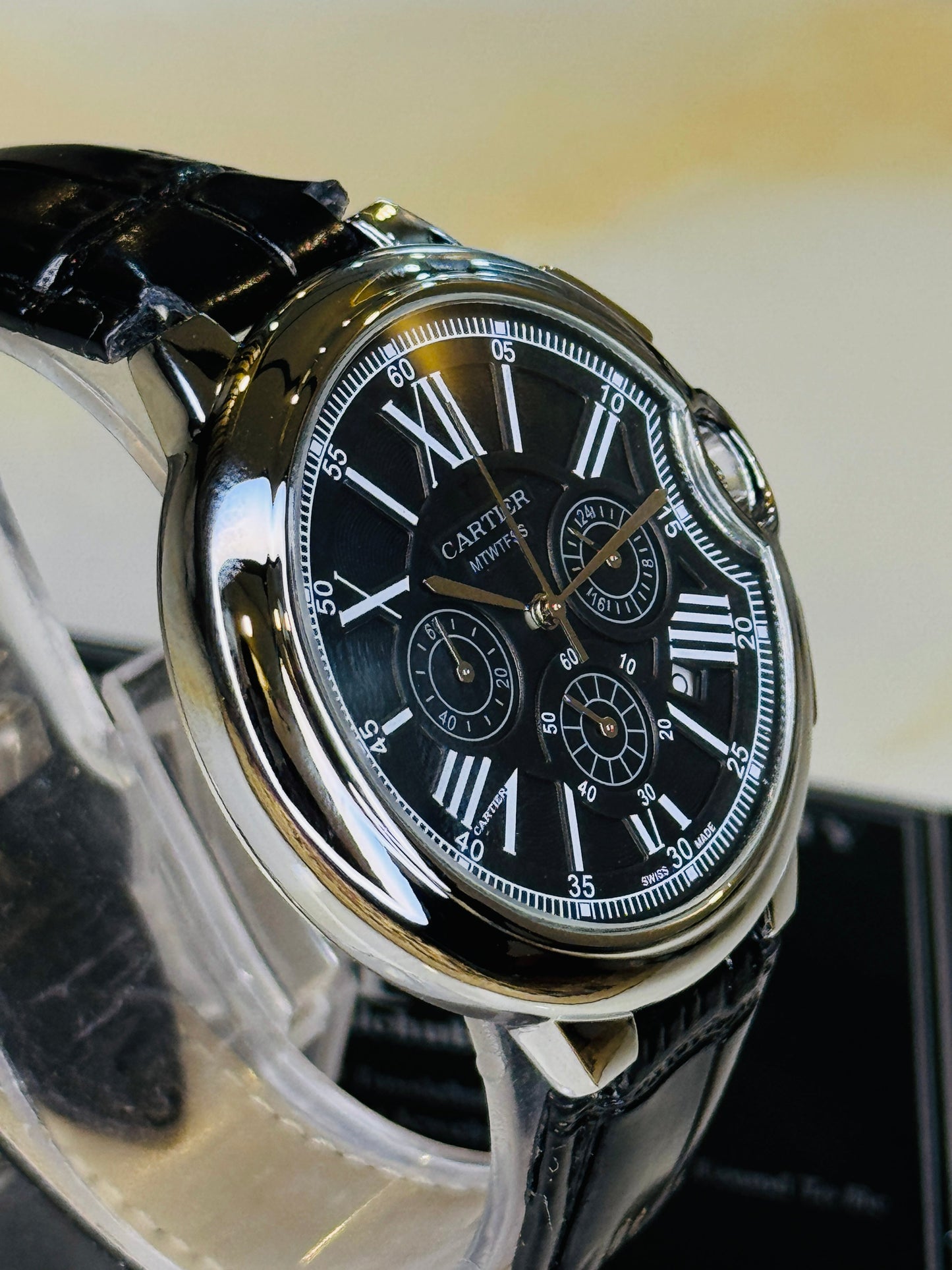 C-1 All Black Leather Cart*er Chronograph Dial Watch