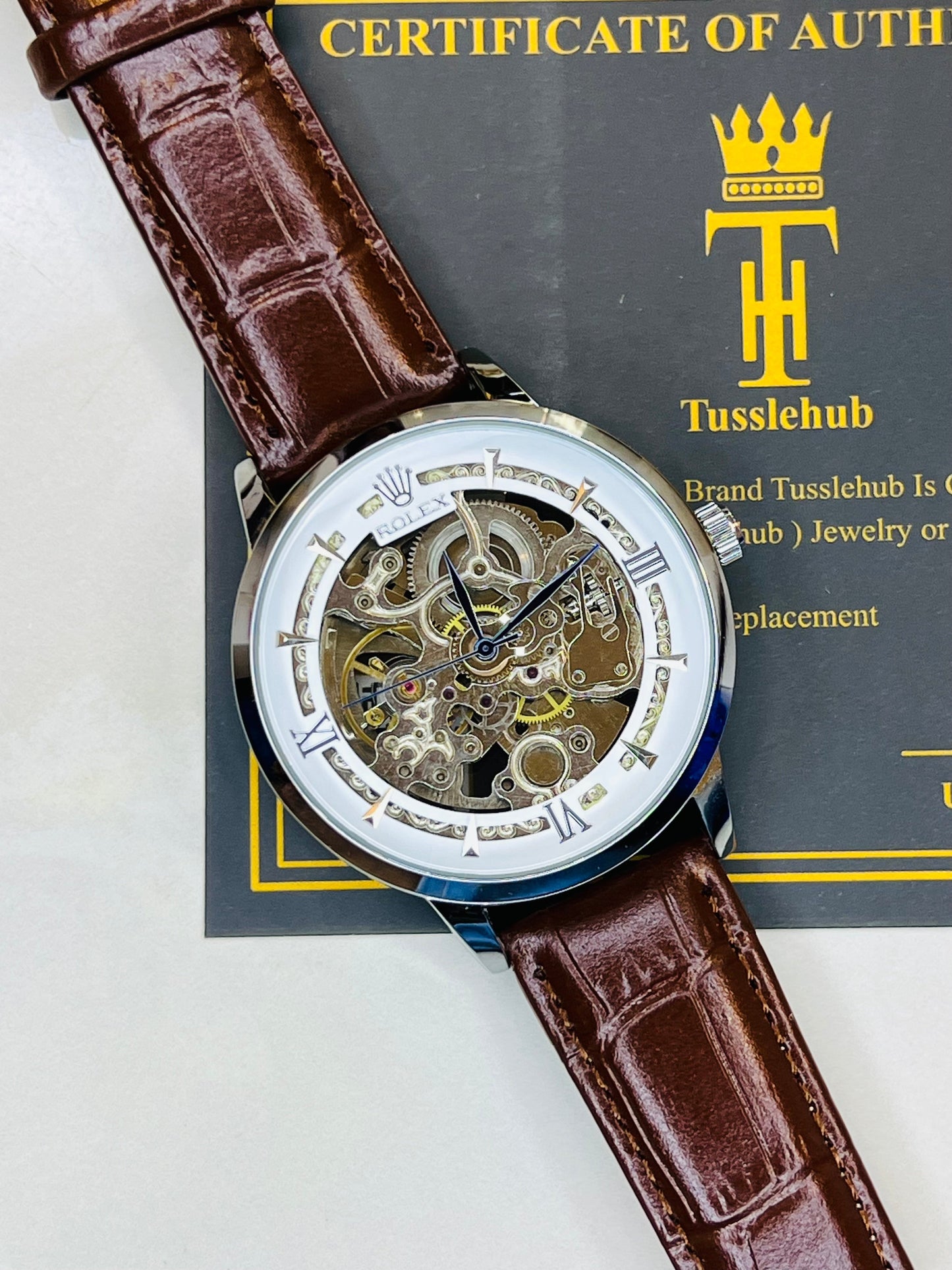 Leather Rol*x Brown White Automatic Skeleton Watch