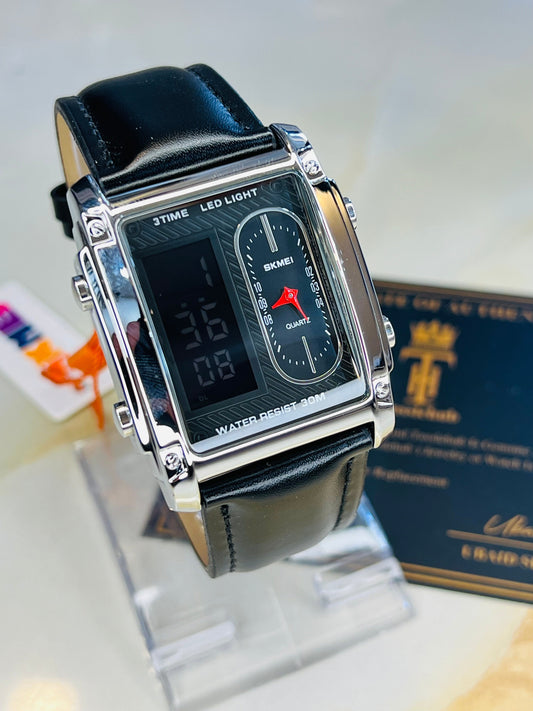 Leather Strapped Skmei 3 Time Silver Watch