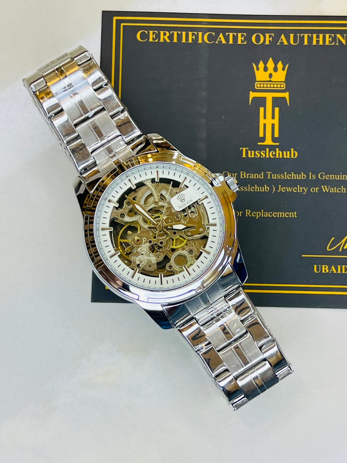 R-2 Silver White Chain Strap Skeleton Automatic Watch