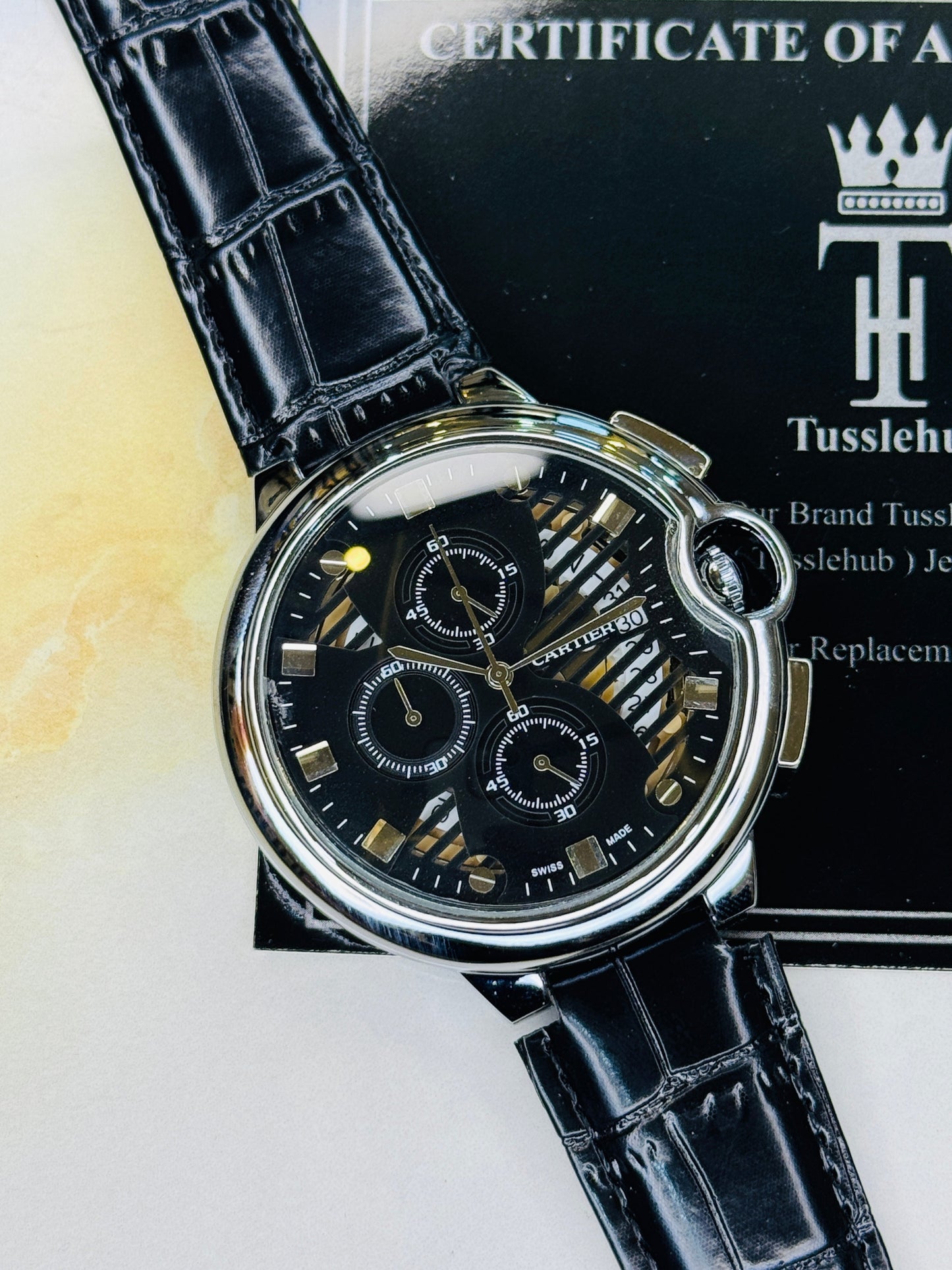 C-2 All Black Leather Cart*er Chronograph Dial Watch