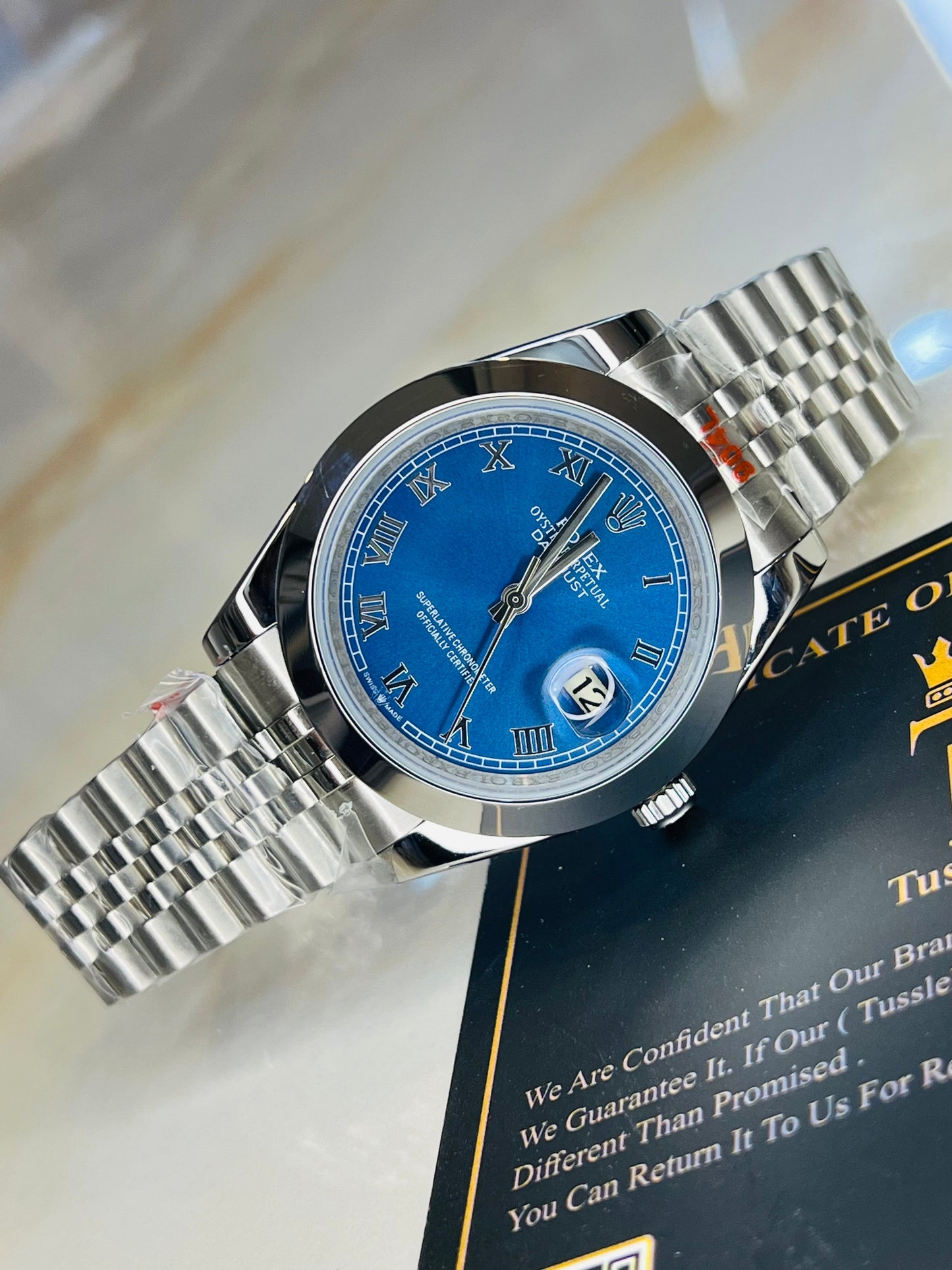 Roman Date Just Silver Blue Plain Bezel Automatic Watch