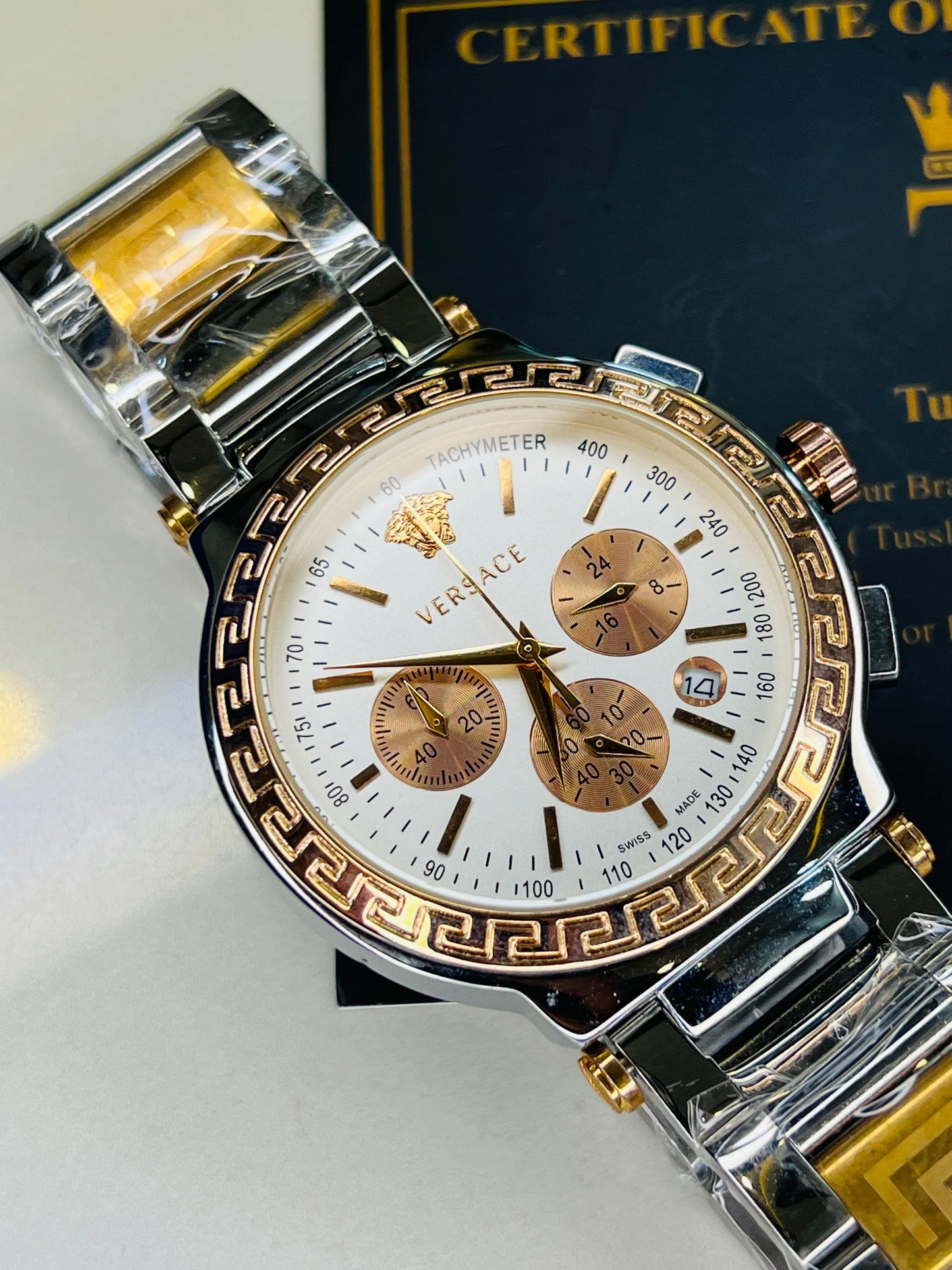 Silver Copper Versace White Chronograph Dial Watch