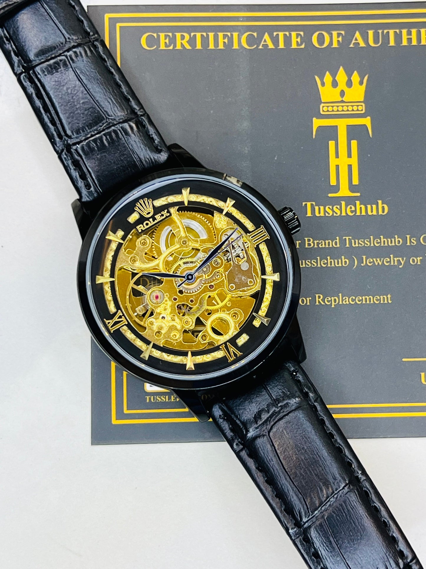 Leather Rol*x All Black Automatic Skeleton Watch
