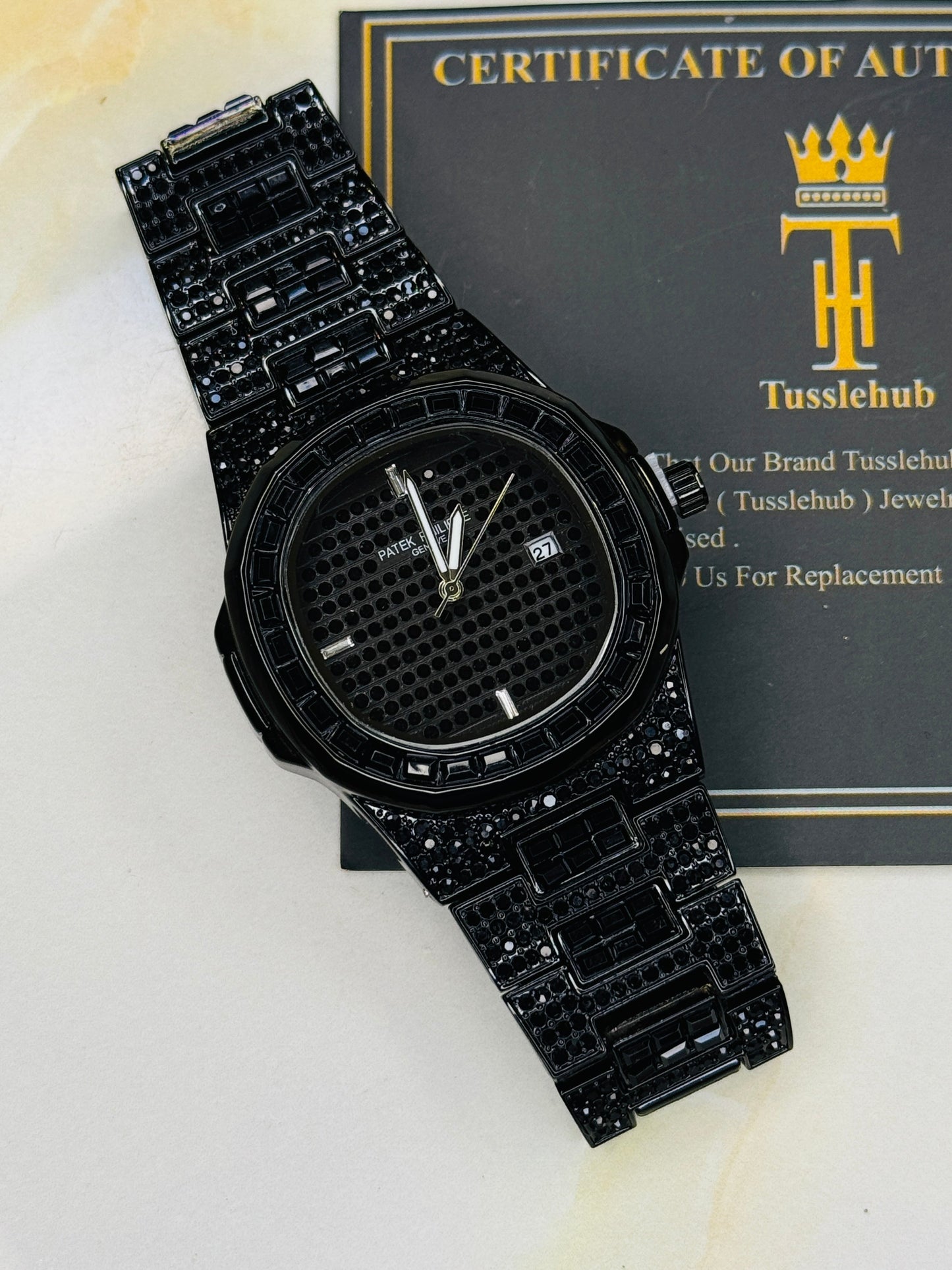 All Black Iced Out Nautilus Watch