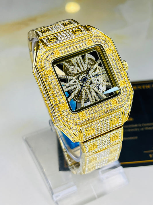 Gold Skeleton Iced Out Watch