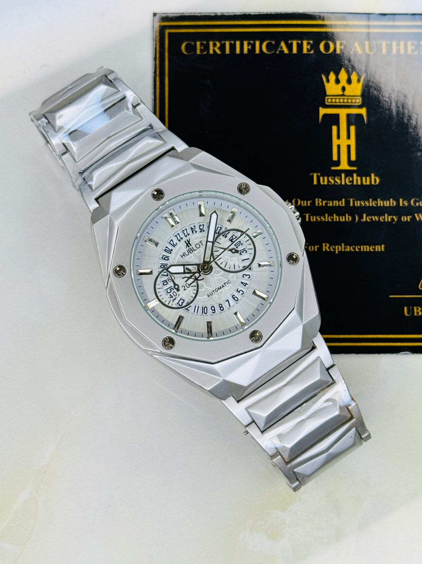 Silver Prism Chain Strapped Hologram Dial Hublot Watch