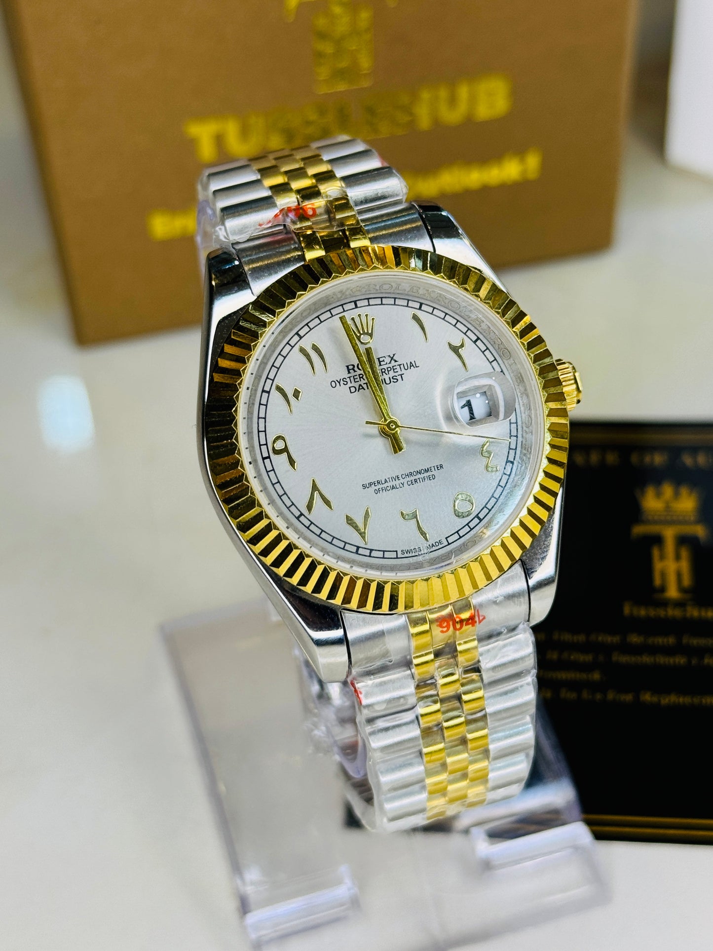 Jubilee Date Just Two Tone Arabic Fluted Grey Dial Quartz Watch