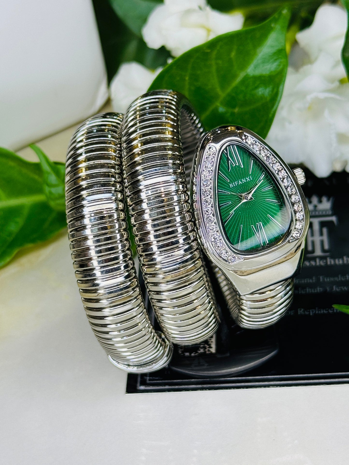 Silver Emerald Serpentine Watch For Her