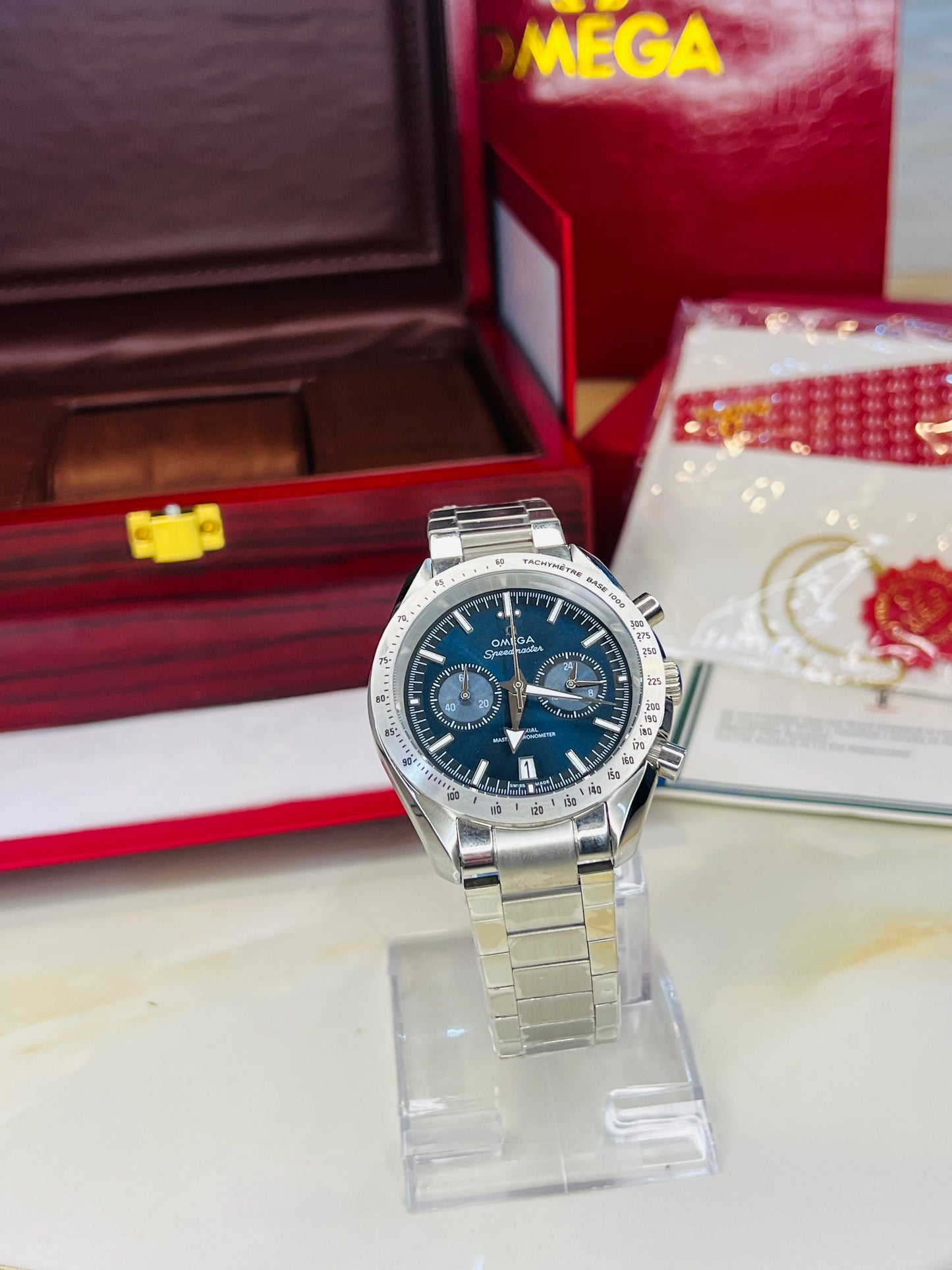 Speedmaster Aqua Dial Silver Automatic Master Clone Watch