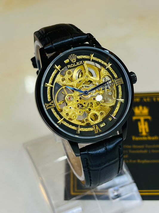 Leather Rol*x All Black Automatic Skeleton Watch