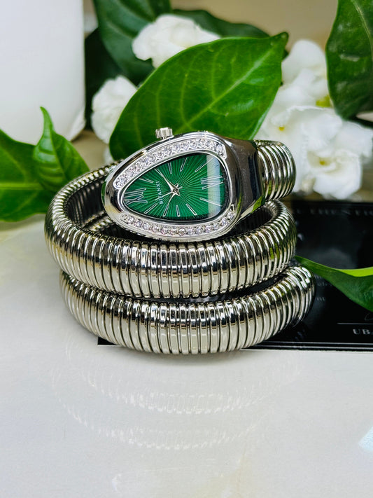 Silver Emerald Serpentine Watch For Her