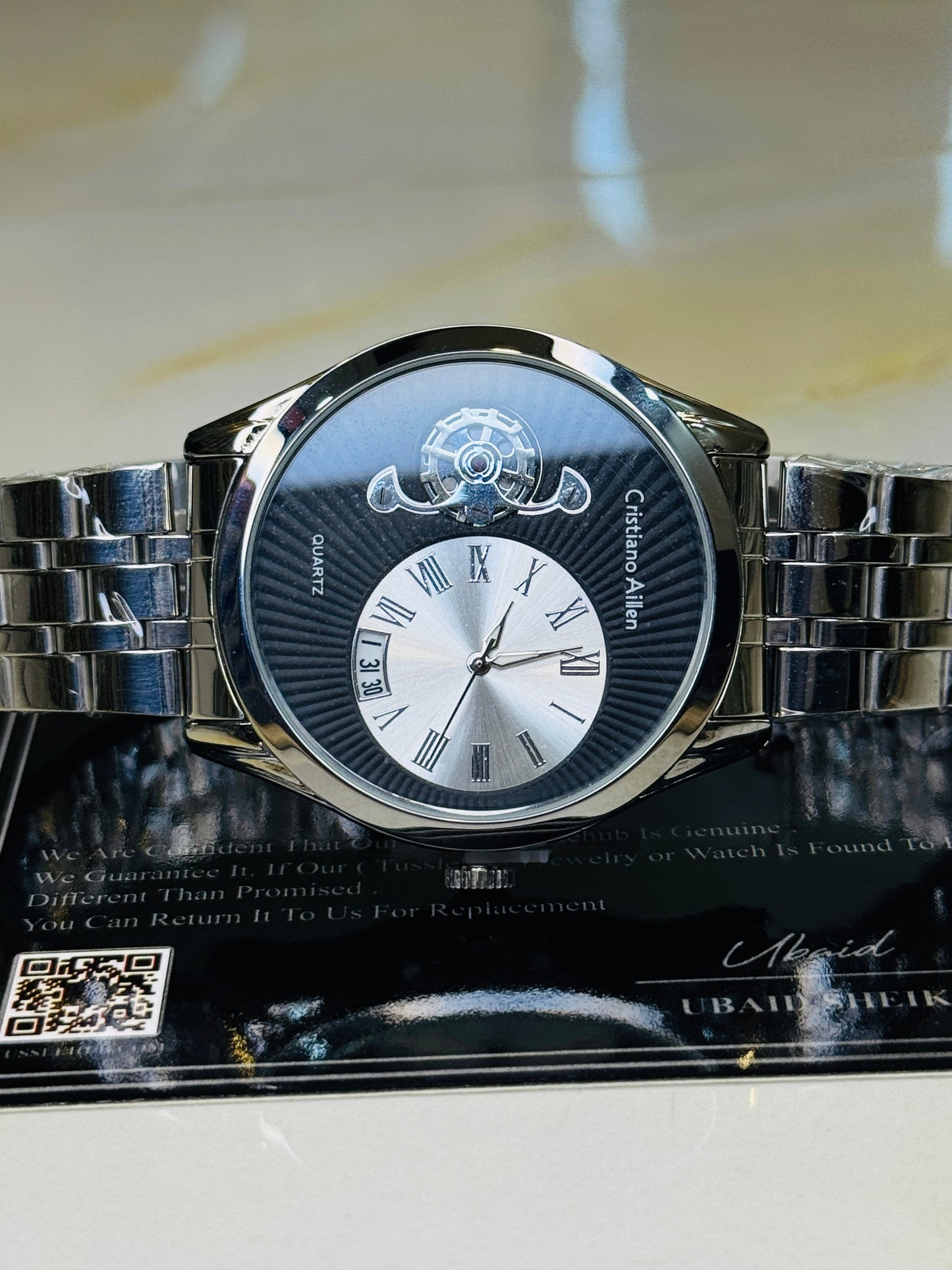 Silver Cristiano Aillen Black Spiral Gear Dial Watch