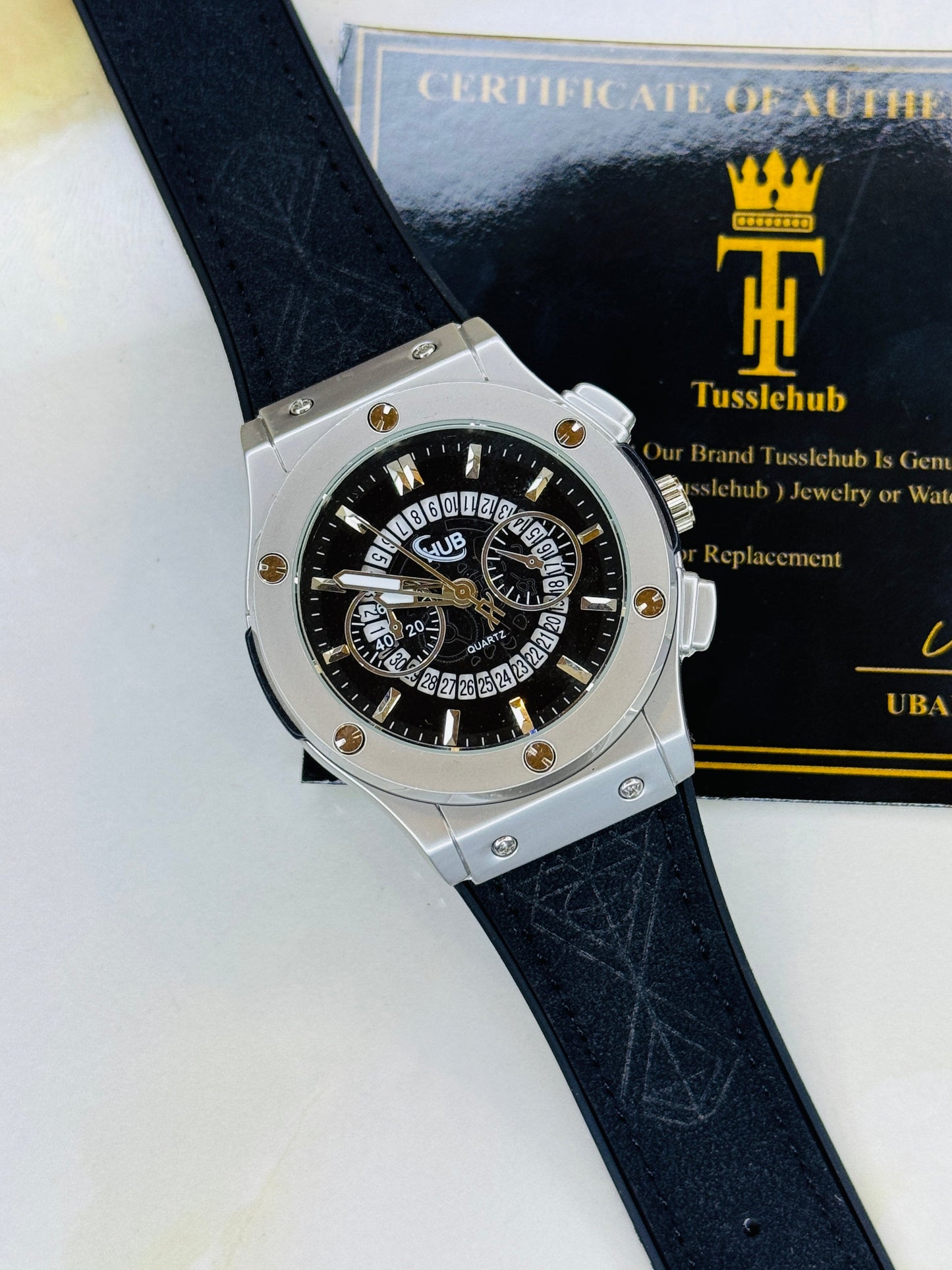 Black Silver Black Hologram Hublot Leather Strap Watch
