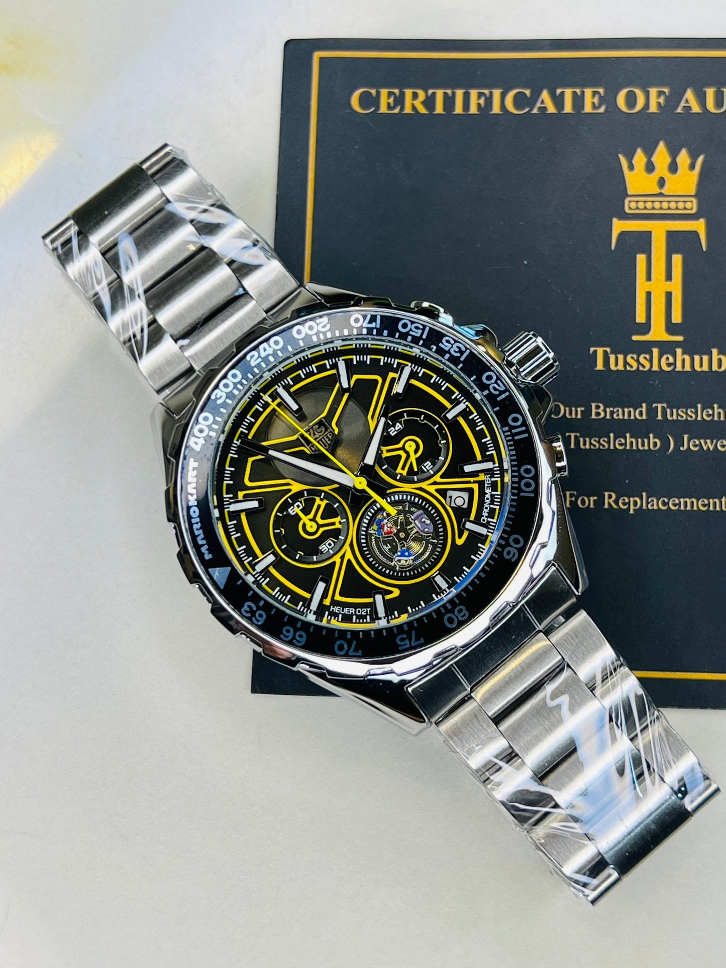 Tag Heur Silver Yellow Chronograph Watch