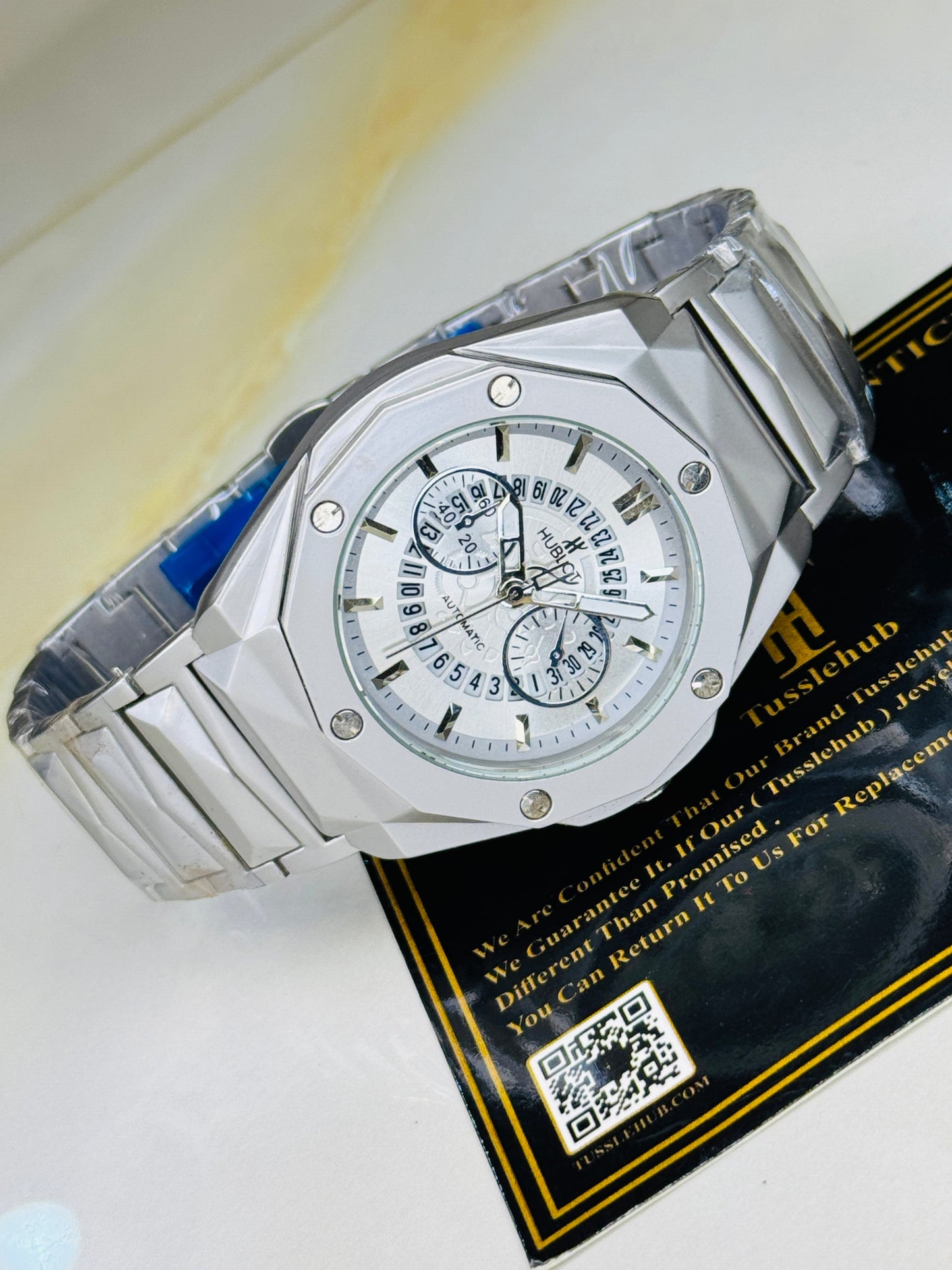 Silver Prism Chain Strapped Hologram Dial Hublot Watch