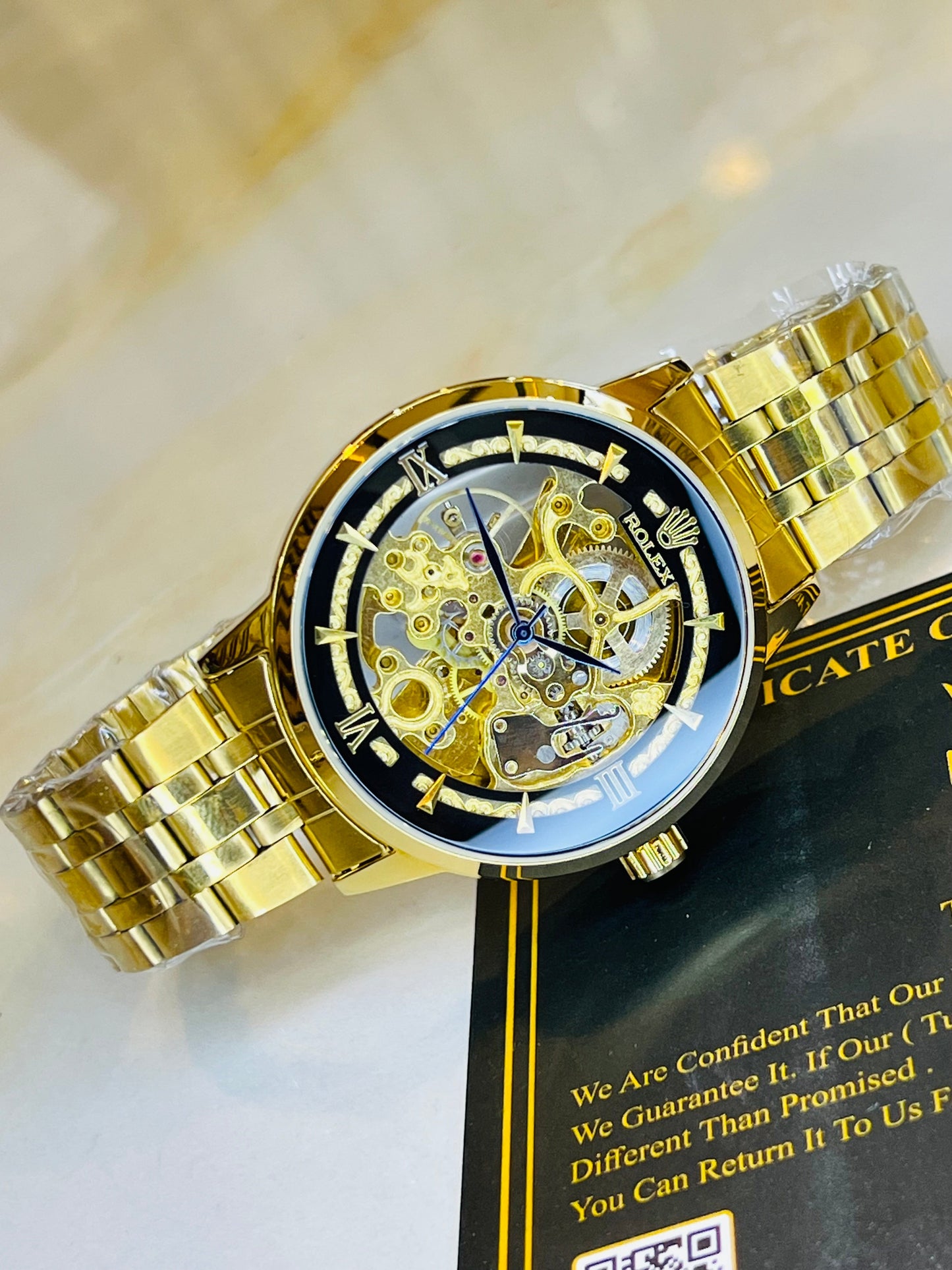 R-1 Gold Black Chain Strap Skeleton Automatic Watch